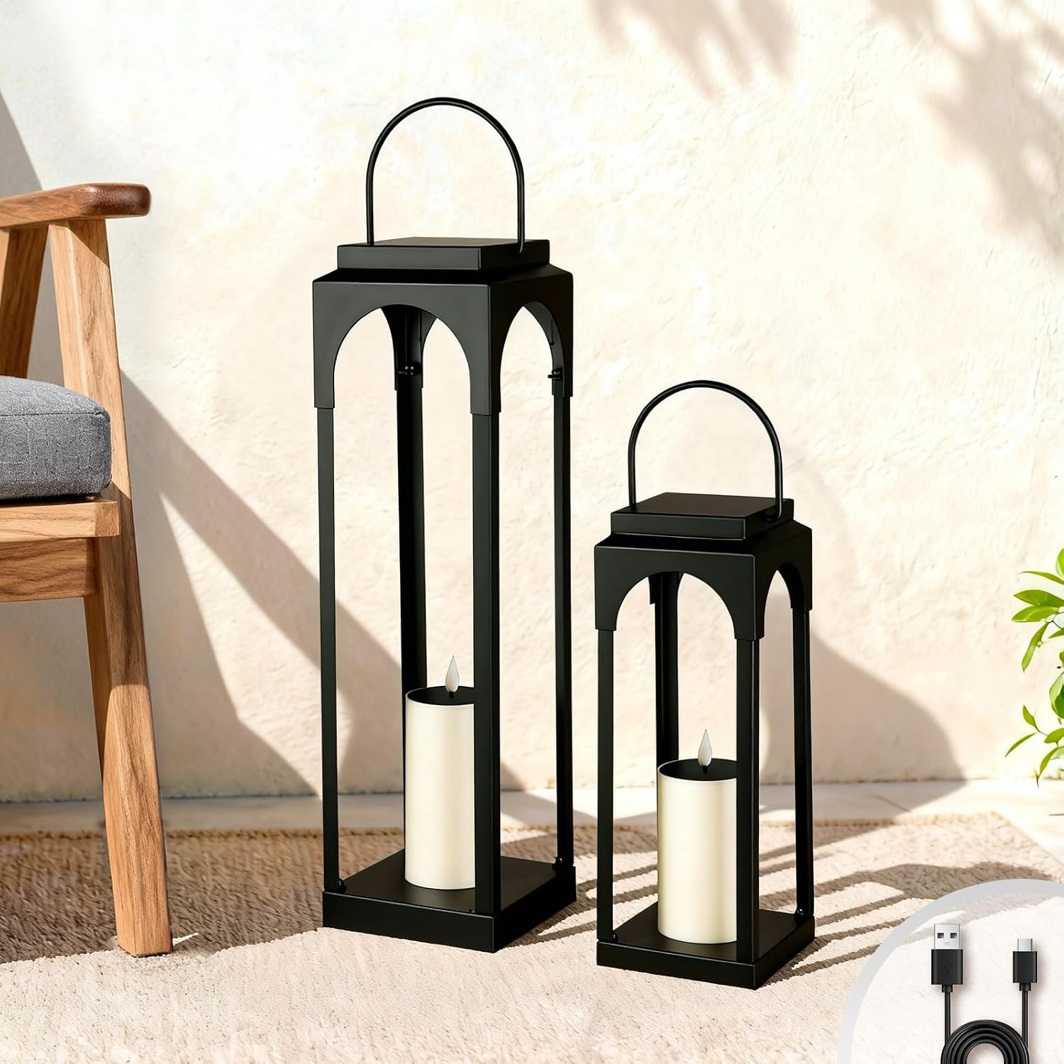 Large Solar Outdoor Lanterns, 26″ 18″ Tall Farmhouse Black Metal Waterproof Decorative Lanterns with Solar Candles for Front Porch, Patio, Christmas, Fall Decor- Set of 2