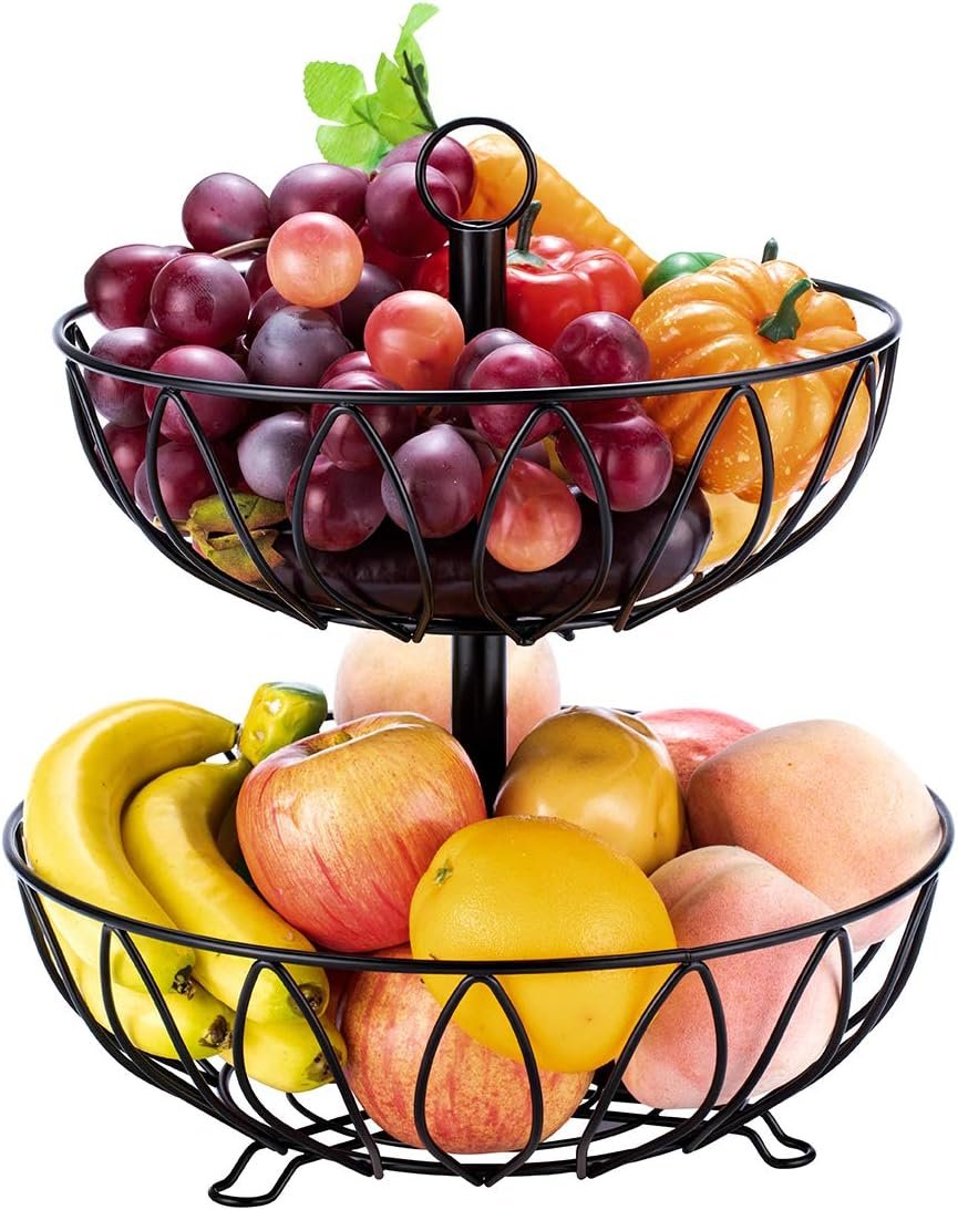 2 Tier Fruit Basket Vegetables Stand Counter Top Fruit Basket Bowl Storage for Kitchen Home Metal Cast Iron (Black)