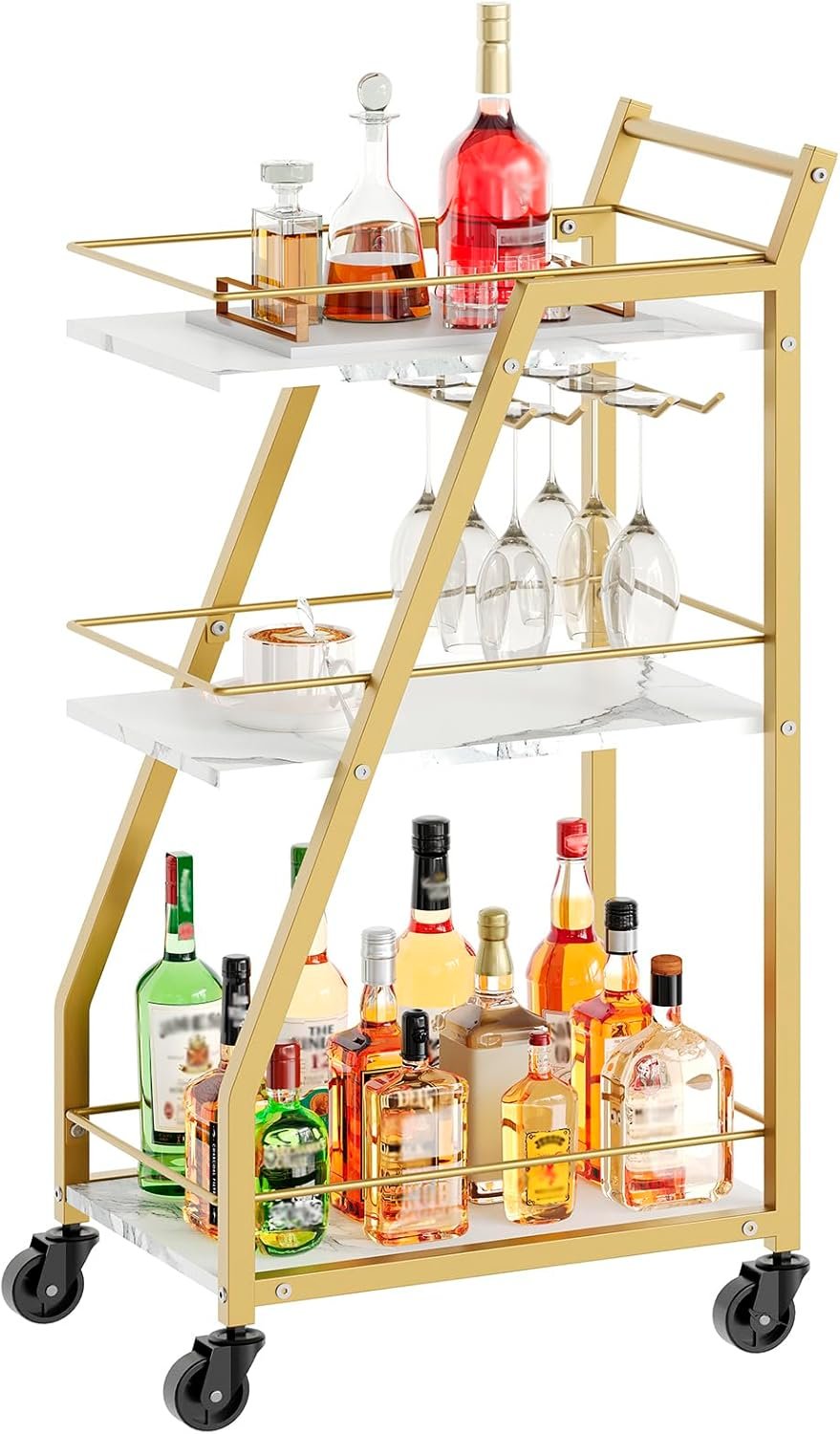 YATINEY Bar Cart, 3-Tier Home Bar Serving Cart with Wheels, Drink Cart with Glass Holder, Beverage Cart, Rolling Kitchen Cart, for Home, Living Room, Gold BC03DW