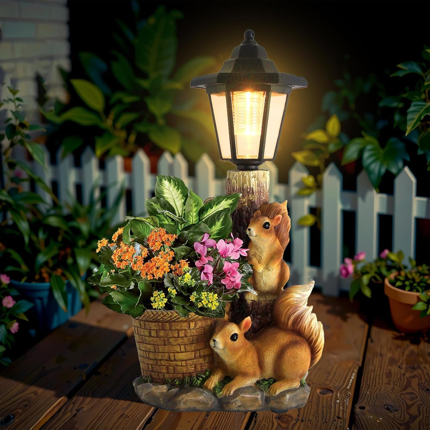 Solar Squirrels Outdoor Statues, Garden Sculptures with Flowerpot Decor & Solar Lantern for Yard Art Lawn Ornaments Porch Patio Balcony – Birthday Gifts for Women Mom