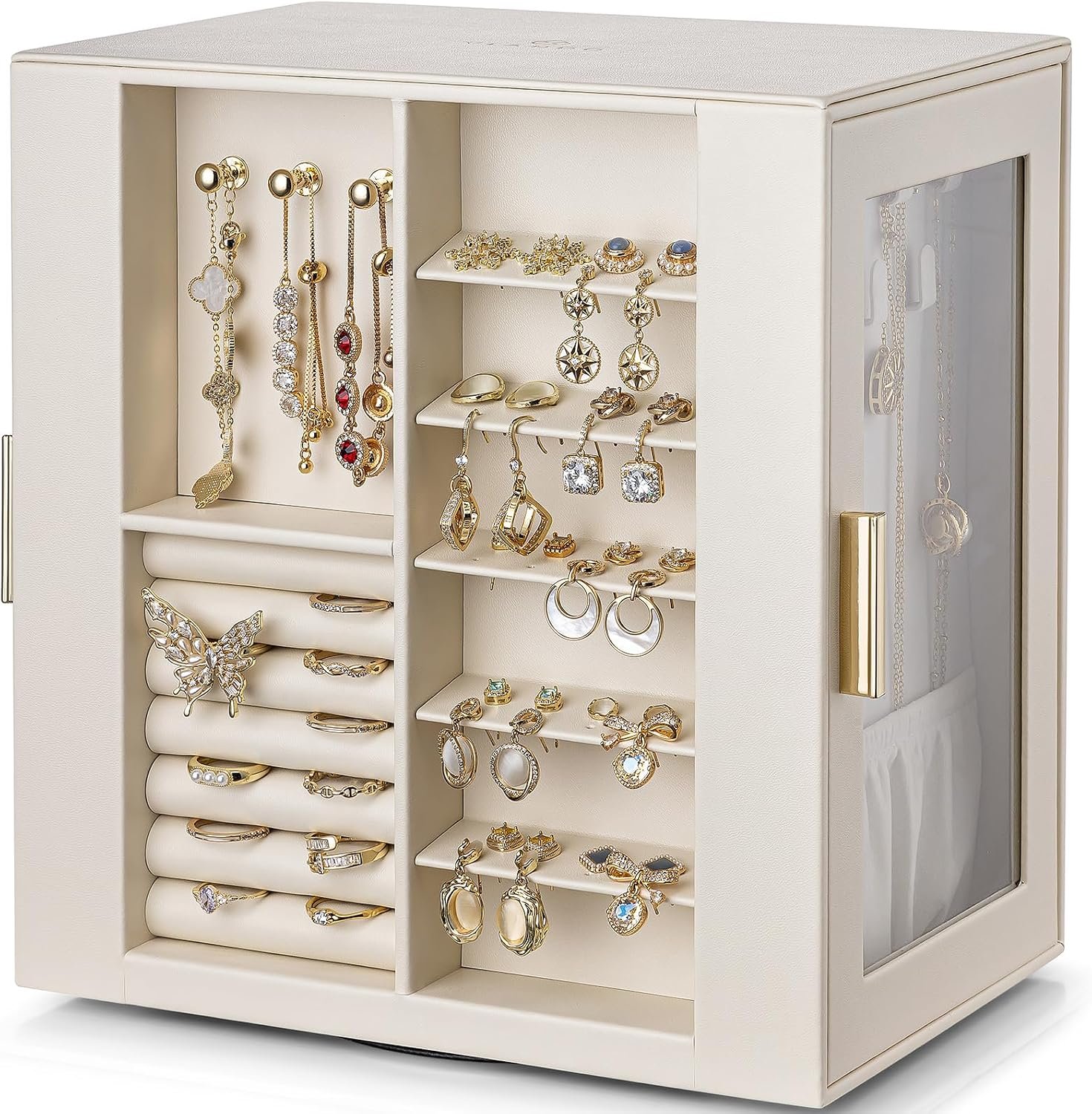 VLANDO 360ｰ Rotating Jewelry Box with 5 Drawers, Large Jewelry Storage with 2 Glass Window, PU Leather Jewelry Organizer for Bracelets, Necklaces, Earrings, Rings – Cloud White