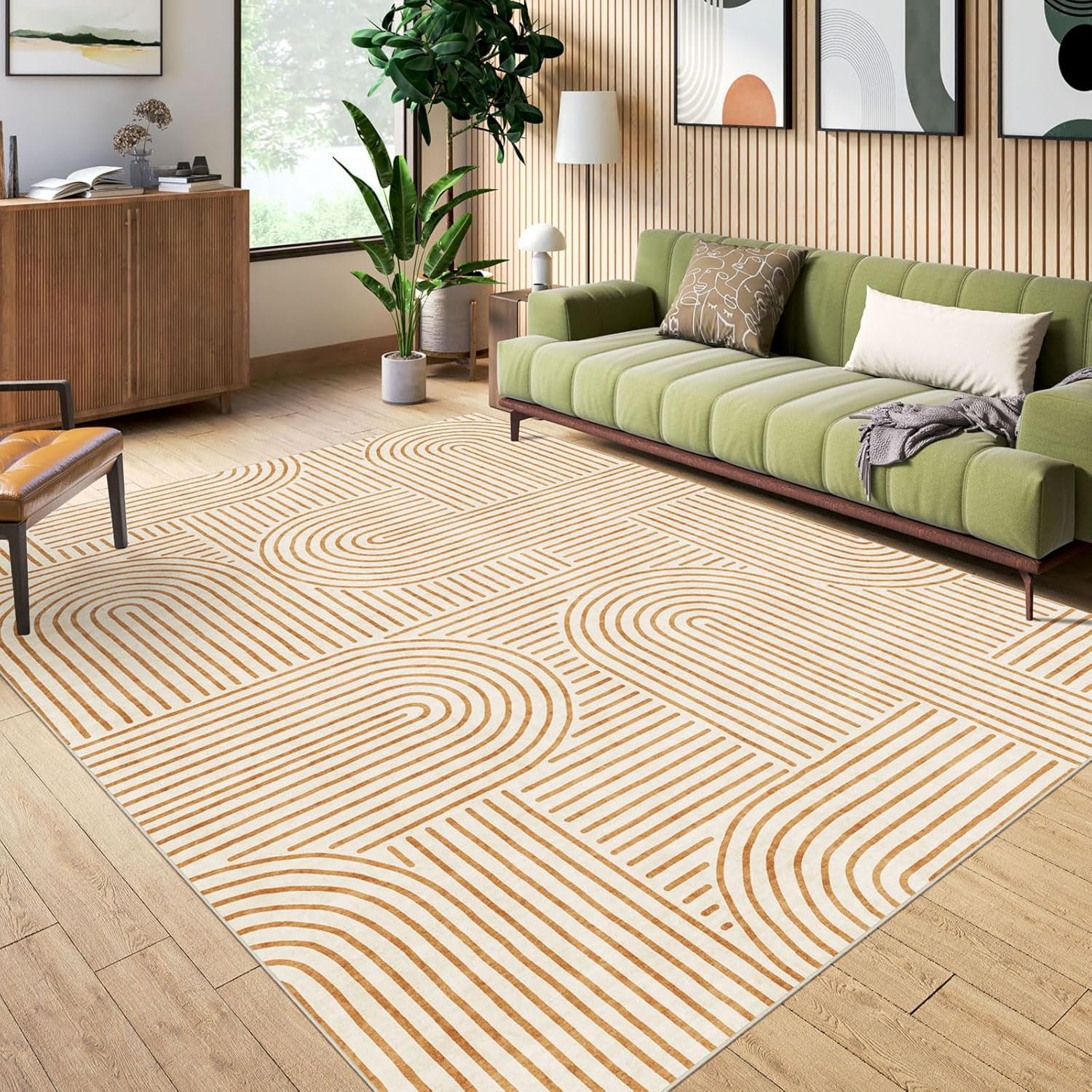 LUXRUG Washable Area Rug 5×7 – Boho Living Room Rug Soft Bedroom Rug Ultra-Thin Orange Modern Abstract Rainbow Dining Room Rugs Indoor Carpet for Living Room Nursery Room Home Decor