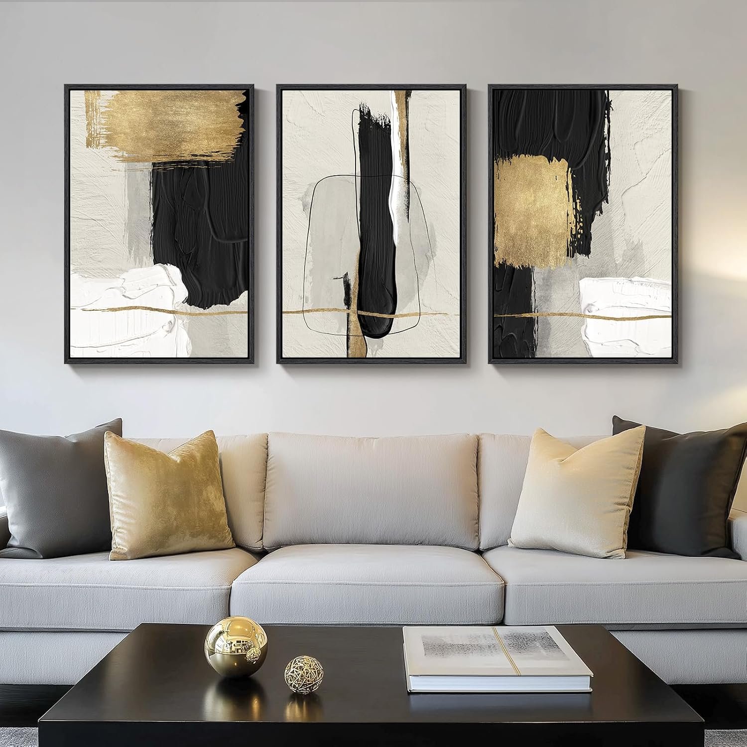 Large Framed Black and White Abstract Wall Art, 3 Piece Modern Canvas Prints Paintings Artwork for Walls, Minimalist Black Beige Gold Pictures for LIving Room Bedroom Office Wall Decor Total 30×60 In