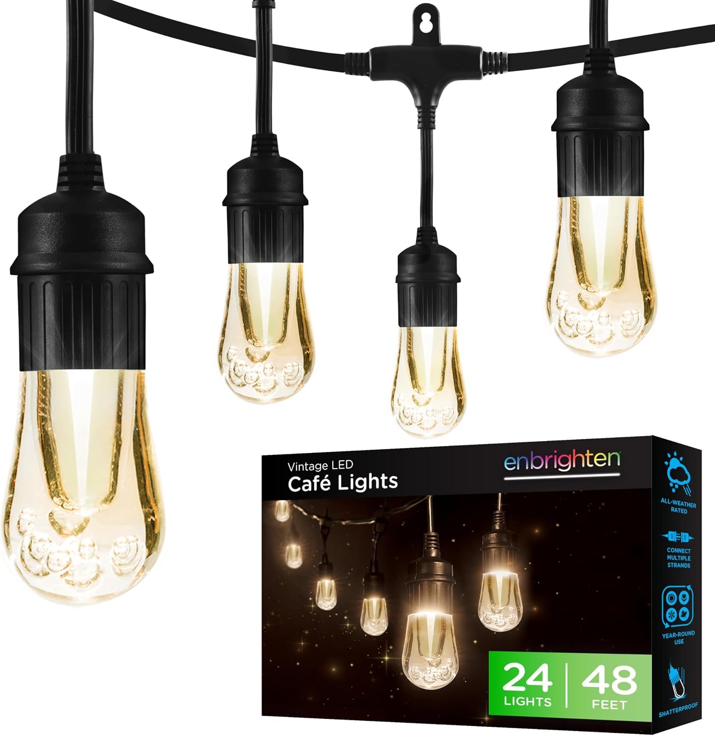 Enbrighten LED Outdoor String Lights 48ft Soft Warm White Patio Lights with Ultra-Durable Shatterproof and Waterproof Acrylic Bulbs for Balcony, Backyard, Porch, Gazebo, Deck, Party and Market, 35631