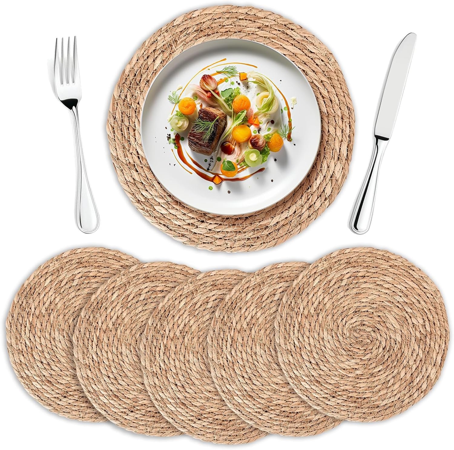 Round Woven Placemats Set of 6 | Handmade Natural Wicker Placemats for Holiday Wedding Home – Slip Heat Resistant Rattan Chargers for Dinner Plates (13 Inch)