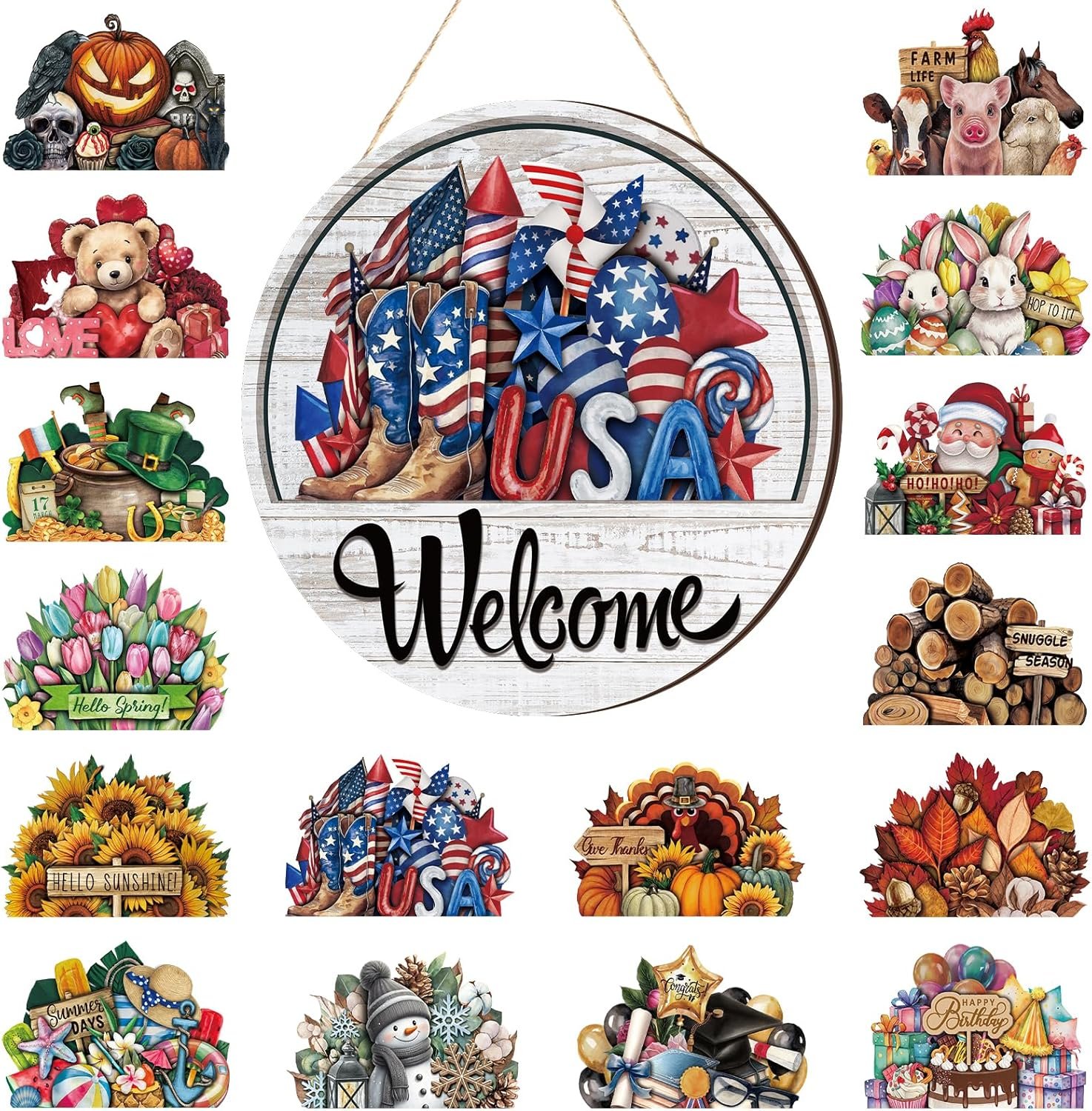 Yousoontic 17 Pcs 12 Inch Interchangeable Welcome Sign for Front Door Wood Seasonal Magnetic Icon Holiday Wreath Decor Rustic Hanging Sign for Patriotic Home Warming Gift(Classic Color,Welcome)