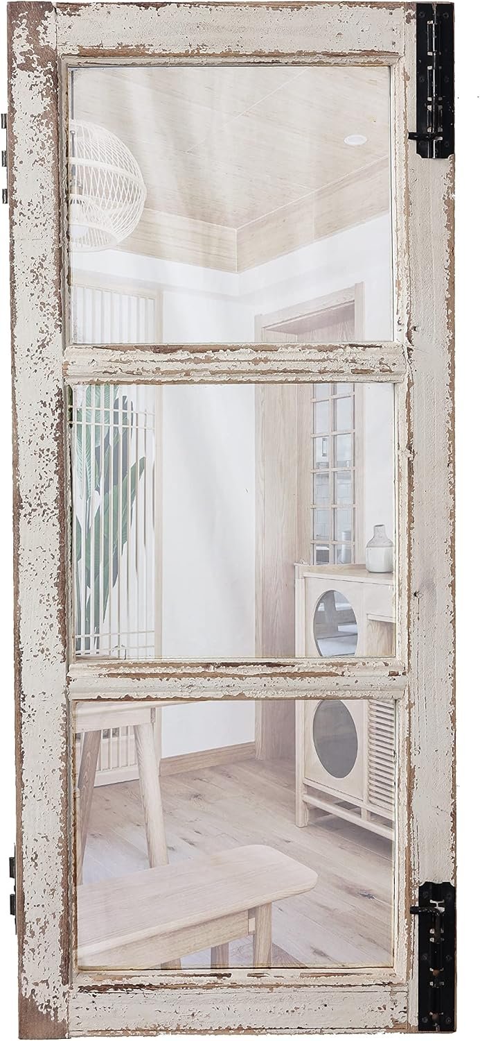 Farmhouse Wood Frame Window Mirror 14″ x 33″, Vertical Hanging Distressed White Rustic Window Mirrors for Wall Decor, Vintage Rectangular Window Pane Mirror for Living Room Entryway