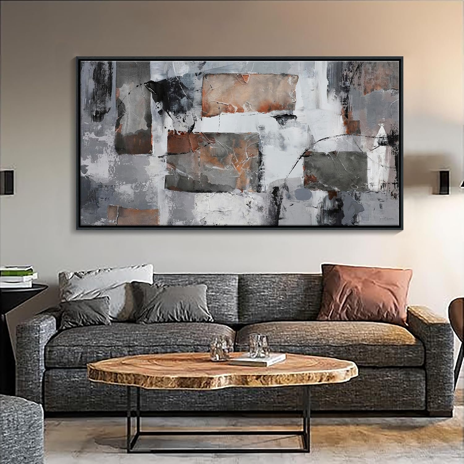 Large Abstract Wall Art – Gray and Black Modern Canvas Wall artwork, Framed Room Wall Decor for Living Room, Bedroom, and Office, Aesthetic Bedroom Wall Art Above Bed, Office Decorations for Work