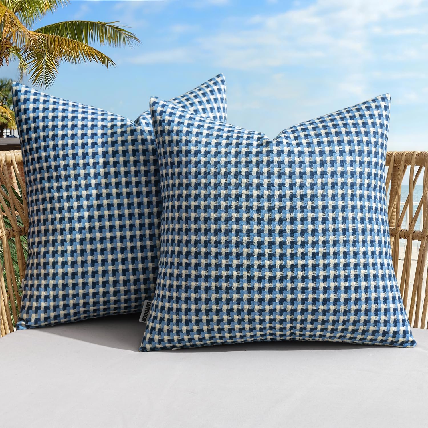 MIULEE Outdoor Texture Throw Pillow Covers Waterproof Pack of 2 Decorative Woven Farmhouse Cushion Covers for Patio Garden Balcony Porch Tent Bench Sofa, 18×18 Inch Blue