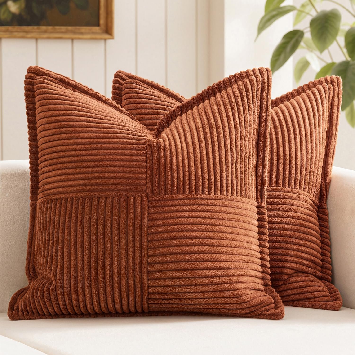 MIULEE Dark Rust Decorative Throw Pillow Covers for Couch Bed Livingroom 18×18 Inch Set of 2 Boho Accent Throw Pllows Broadside Striped Patchwork Soft Corduroy Pillowcases, Terracotta
