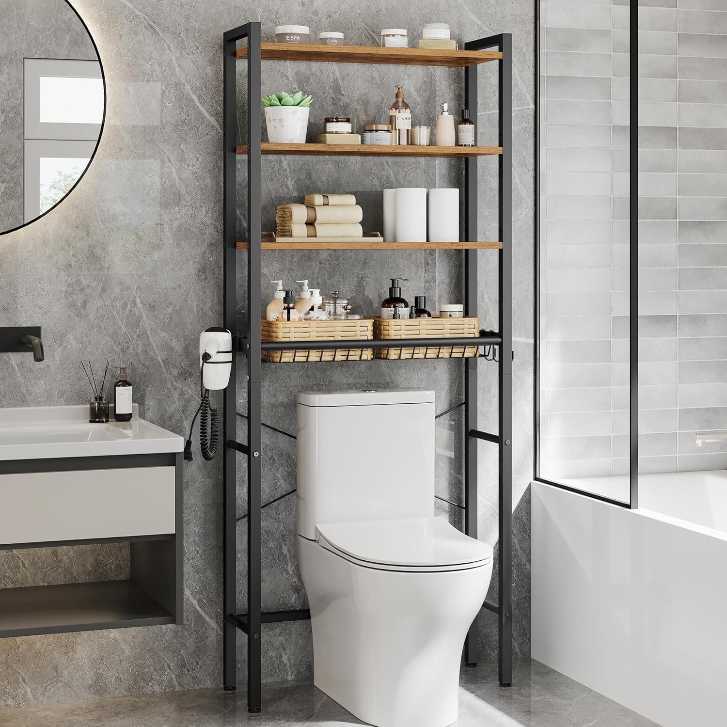 VASAGLE BARNET Collection – Over the Toilet Storage, Over Toilet Bathroom Organizer with Adjustable Shelves and Basket, 3 Hooks, Space Saving, 9.4 x 23.6 x 68.1 Inches, Rustic Brown UBTS114KD01S