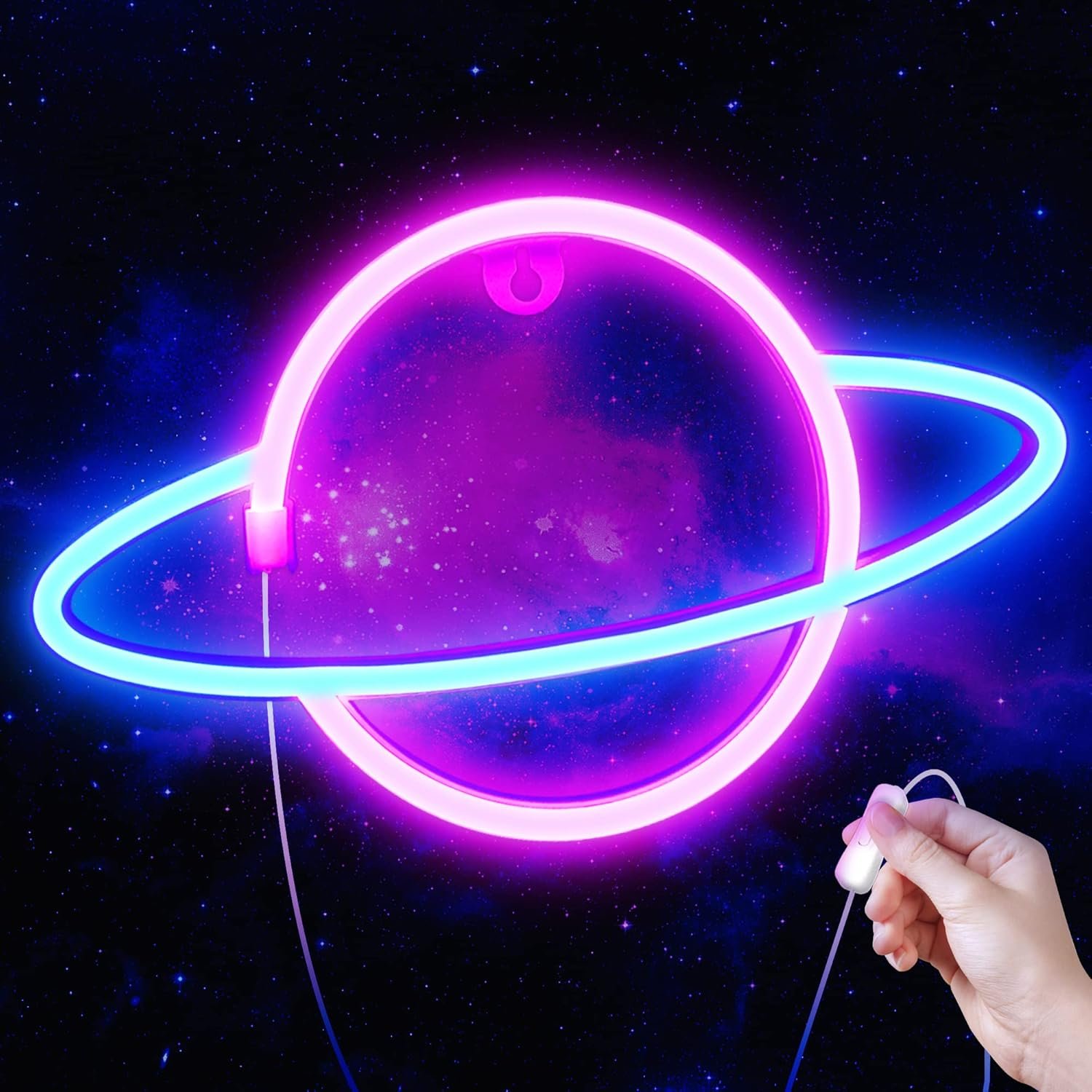 Lumoonosity Planet Neon Sign – USB Powered Saturn LED Light with On/Off Switch, Planet Led Sign for Wall Decor – Aesthetic Hanging Saturn Neon Light for Bedroom, Gaming Room