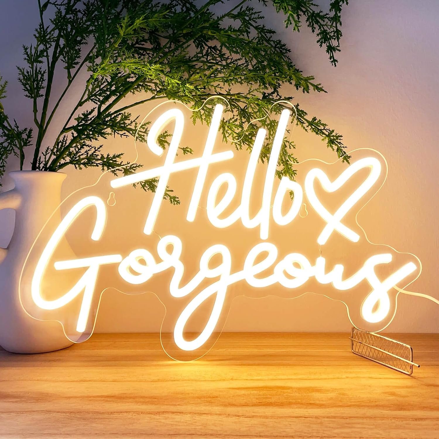 Hello Gorgeous Neon Signs for Wall Decor with Heart, Warm White Gorgeous LED Sign Lights for Bedroom Dorm Salon Wedding Party, 16″x12″ Preppy Cute Room Decor Woman Cave – 100,000H Lifespan