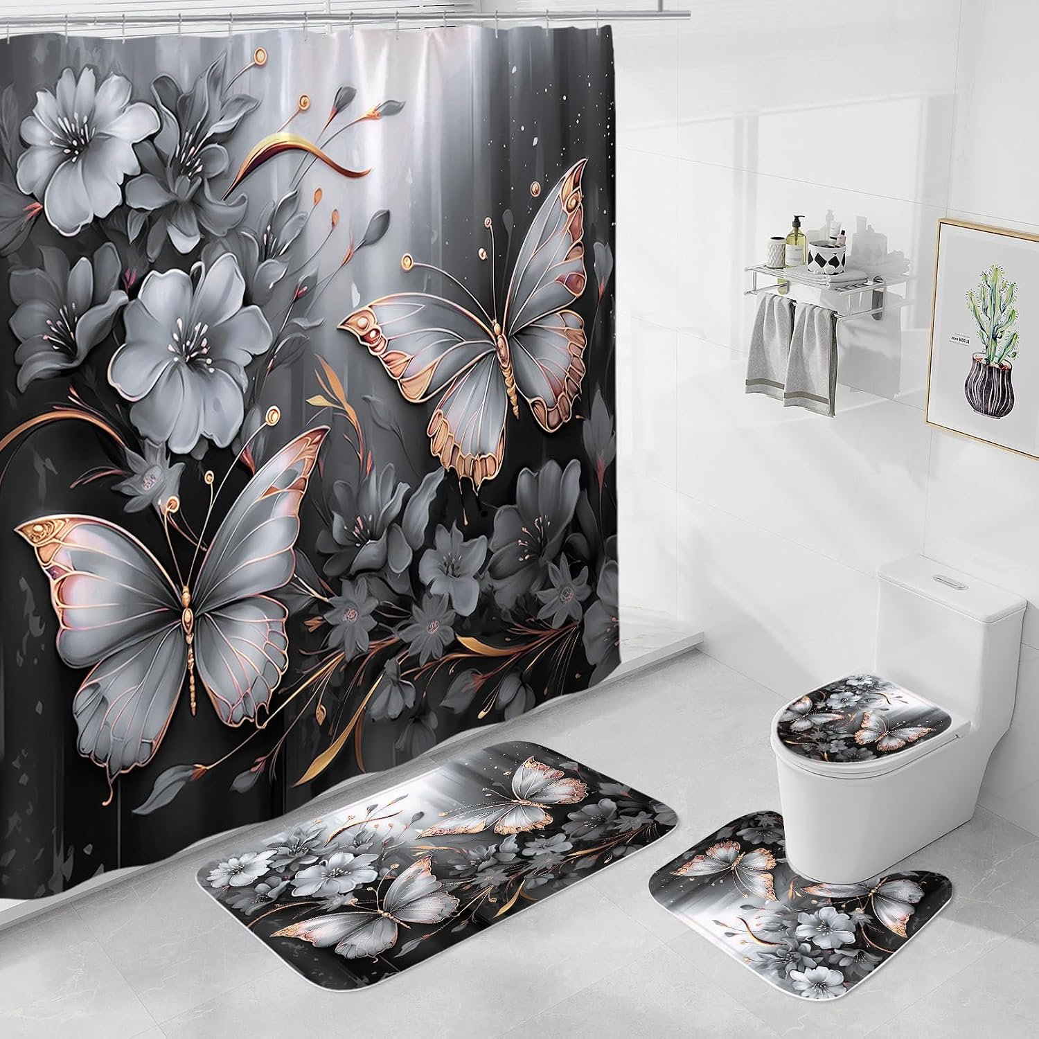 Litabel 4 Pcs Grey Gold Floral Butterfly Shower Curtain Set with Non-Slip Rugs, Modern Toilet Lid Cover and Bath Mat, Elegant Bathroom Decor Set with Shower Curtain and Rugs (Hooks Not Included)