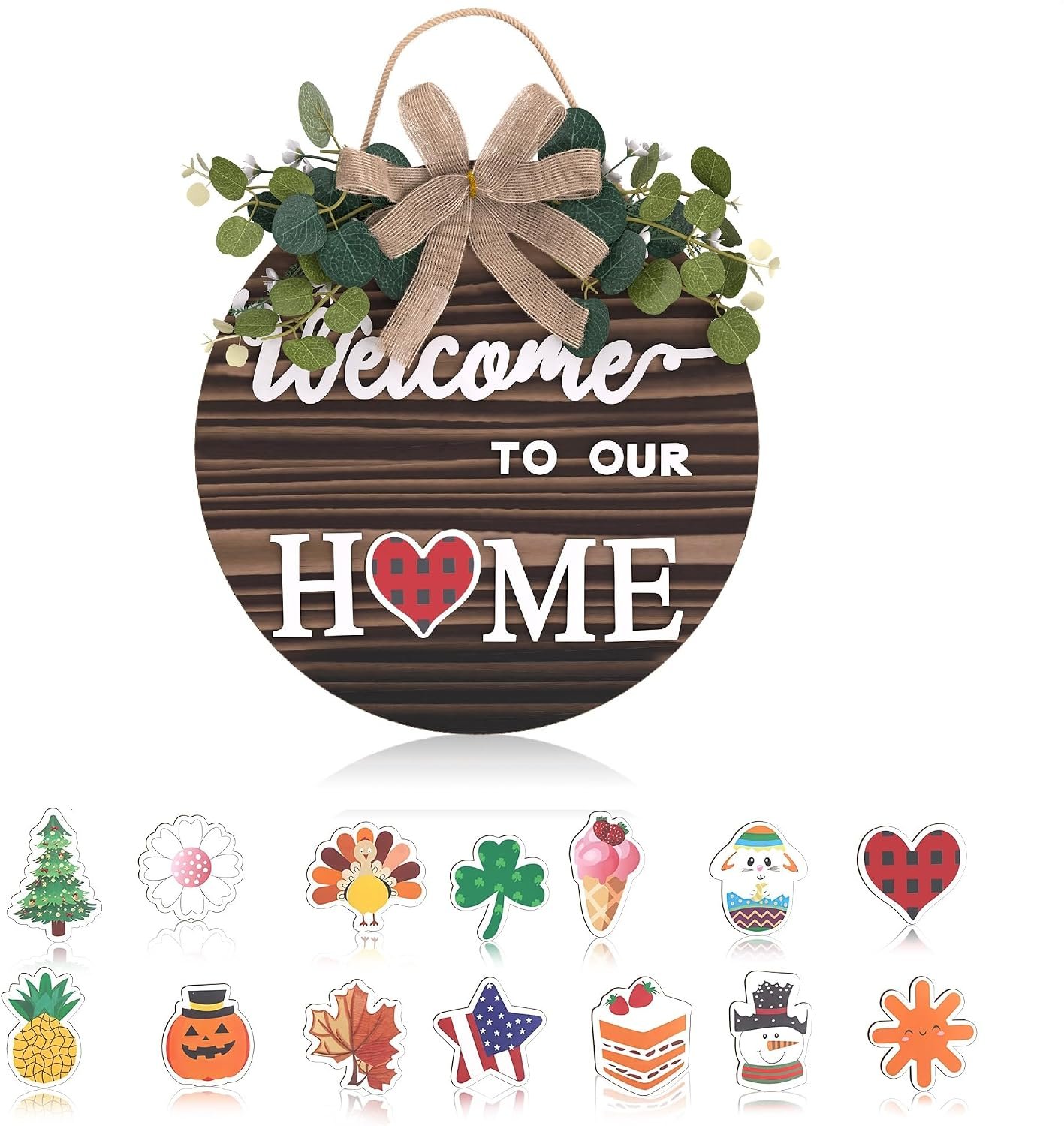 Interchangeable Welcome Sign – Welcome Signs for Front Door, Rustic Fir Wood with Hanging Cord & Metal Hook, Includes 14 Magnetic Changeable Icons – for Holiday, Year-Round Porch & Indoor Decoration