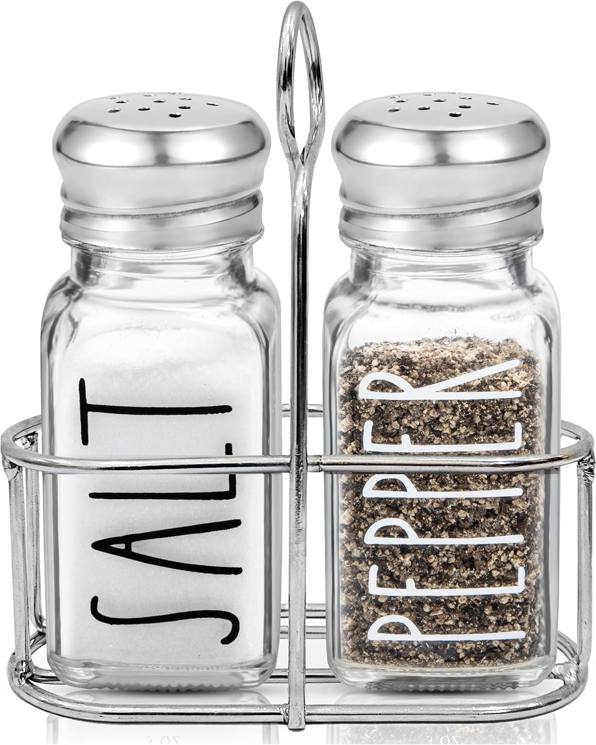 Clear Glass Salt and Pepper Shakers Set with Holder by Brighter Barns – Dining Table Countertop Accessories, Farmhouse Kitchen Decor – Glass Shakers with Caddy for Restaurant, BBQ, Camping, RV (Clear)