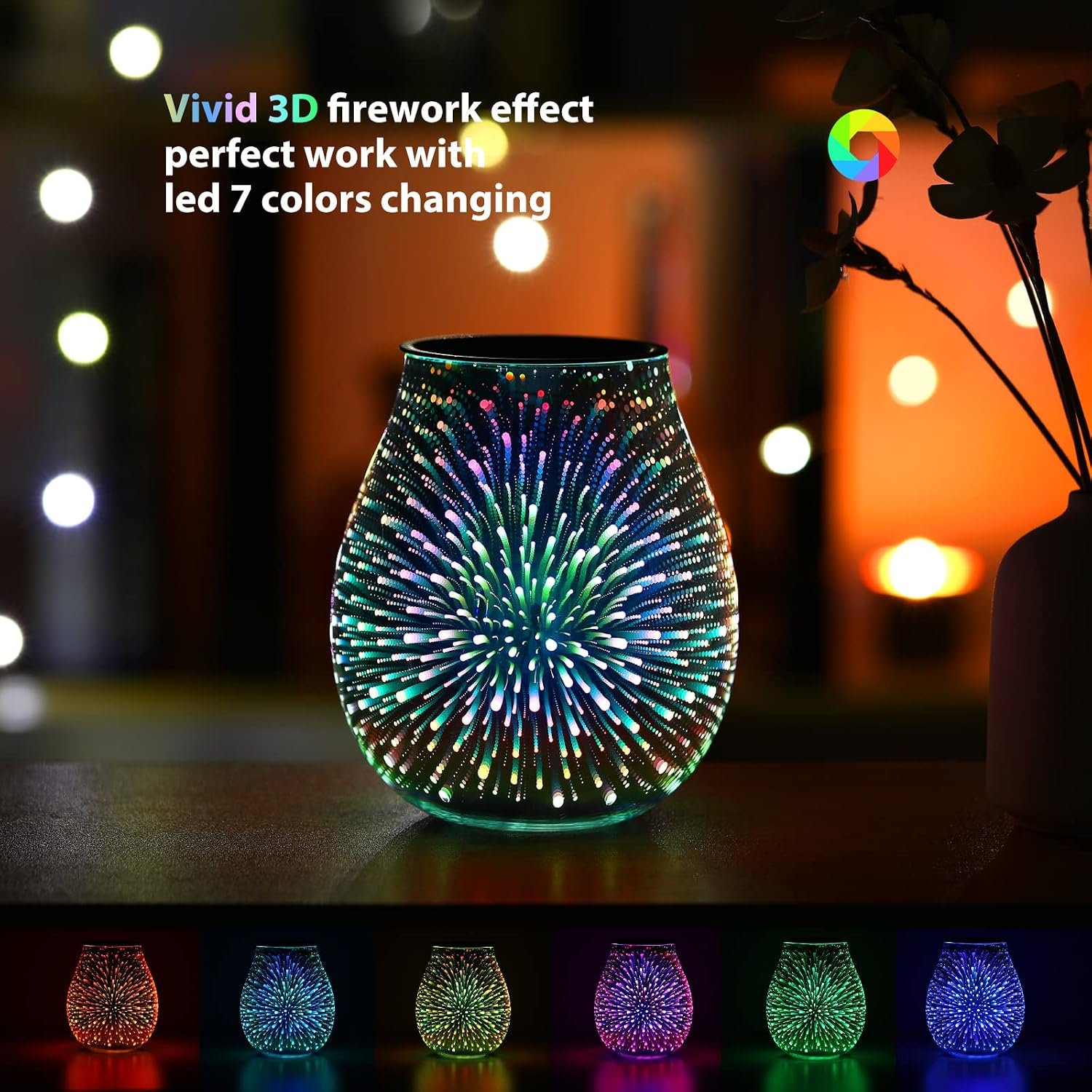 inrorans Glass Electric Wax Melt Warmer Oil Burner with Stable Heating PTC Reusable Silicone Tray 7 Colorful Changing Led Light Night Light Scent Warmer for Home Fragrance Warmers-Firework