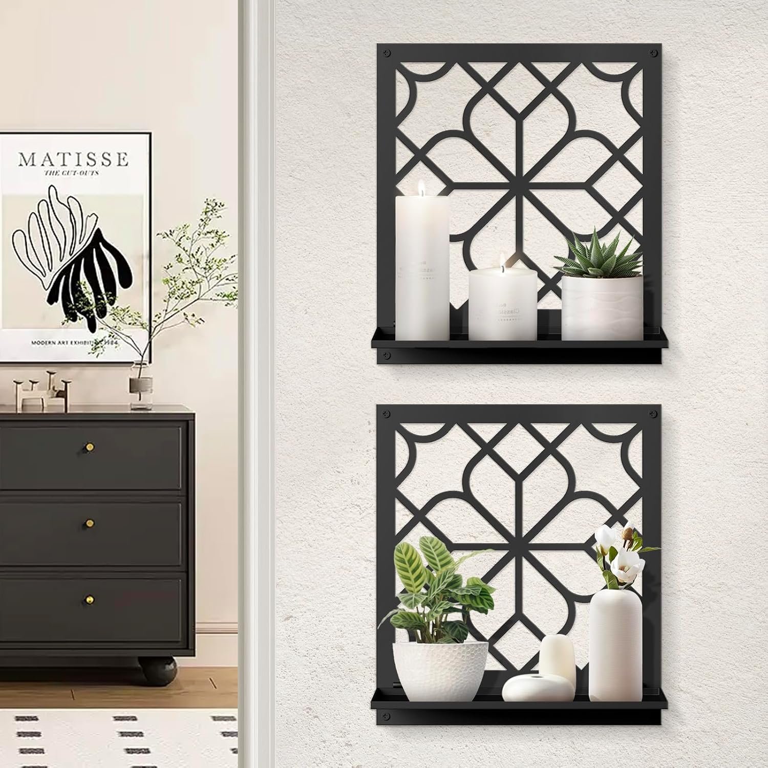 Black Metal Wall Candle Holder Set of 2, Square Rustic Farmhouse Bathroom Wall Decor, Modern Boho Aesthetics Line Art for Entryway, Hallway, Living Room, Bedroom (11.8 x 13 in)