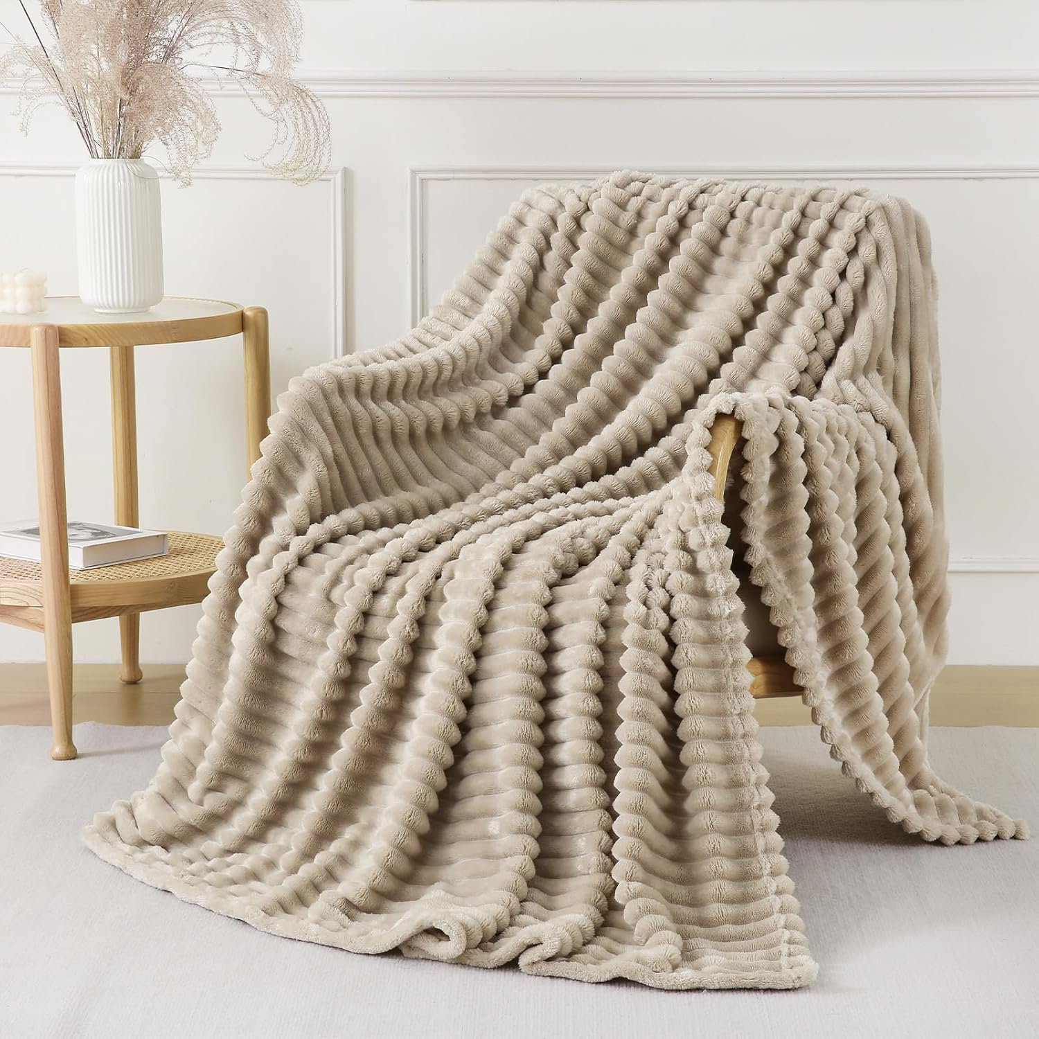 Khaki Throw Blanket for Couch Sofa 50×60 inches Striped Fleece Blankets Room Home Decor Lightweight Plush Soft Cozy Gifts for Women Mom