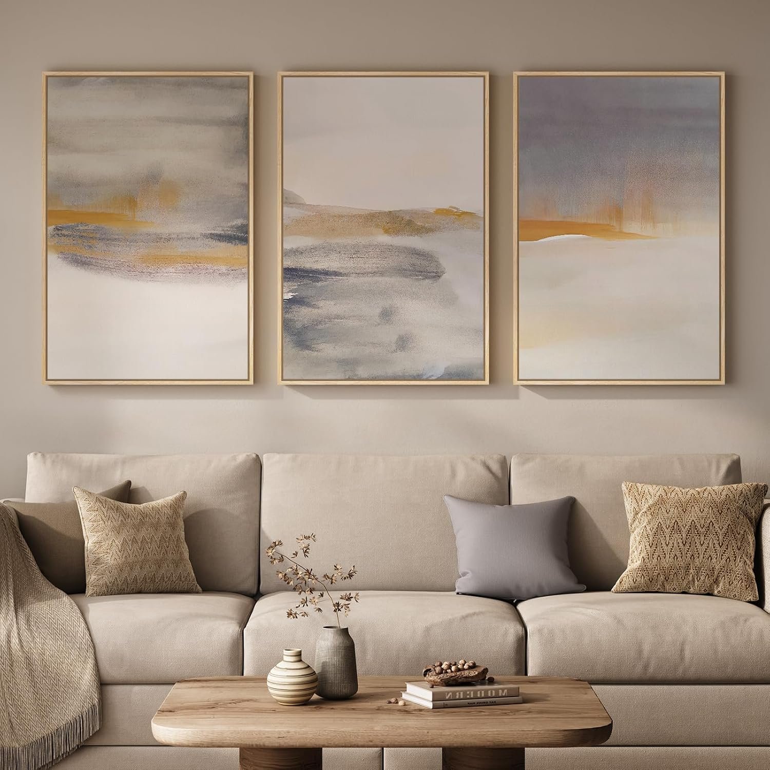 Framed Large Neutral Abstract Wall Art, Set of 3 Canvas Modern Prints Paintings, Minimalist Landscape Beige Gray Picture Artwork Decor for Living Room Bedroom Office 24×36 Inch
