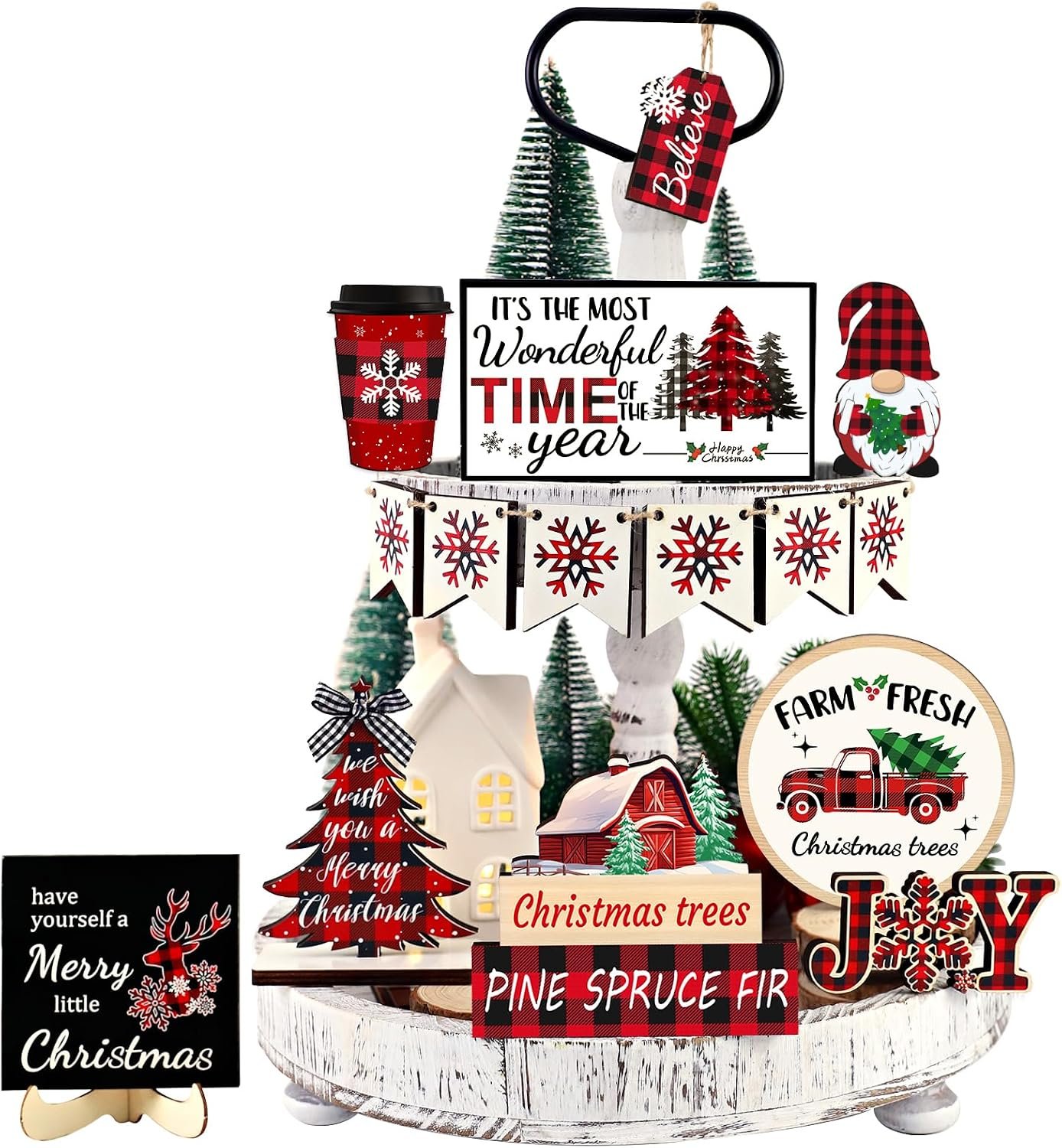 20 Pcs Christmas Tiered Tray Decor – Christmas Decorations Indoor Table Centerpieces Red and Black Buffalo Plaid Tray Decor with Snowflake, Xmas Tree, Gnome Wooden Signs for Home Shelf Decor