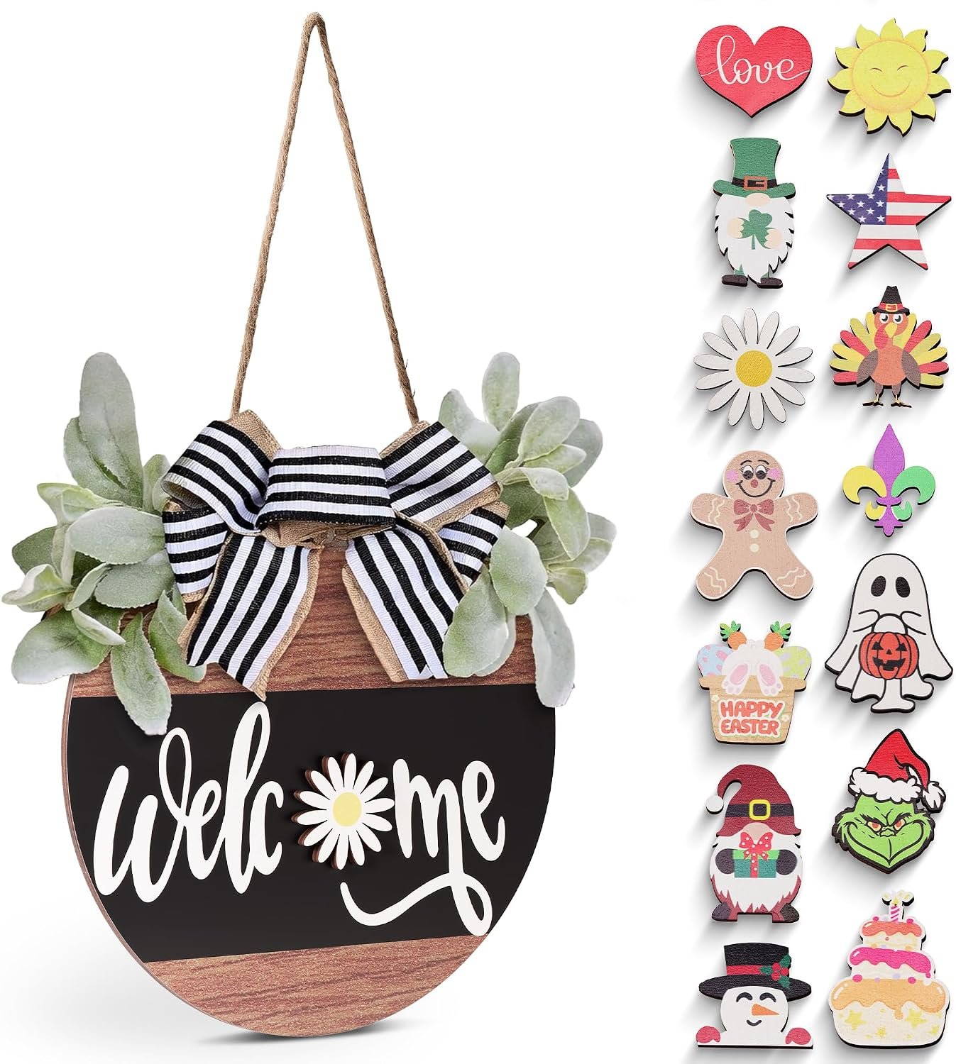 Interchangeable Welcome Sign for Front Door, 12″ Rustic Wood Wreath with 14 Seasonal Icons, Year-Round Porch Decor & Housewarming Gift