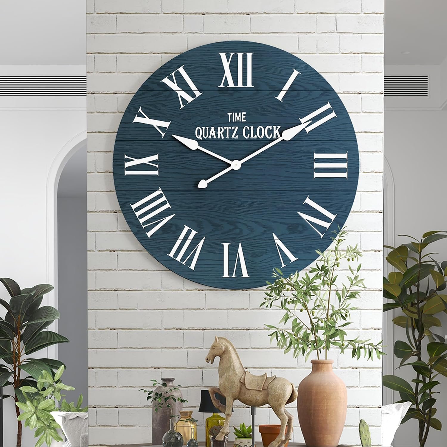 ARTPOWER Large Farmhouse Wall Clock, 35.5” Shiplap Wall Clock with Roman Numeral, Nearly Non-Ticking, Round Wall Clocks for Living Room Decor, Office, Bedroom, Entrance, Navy Blue