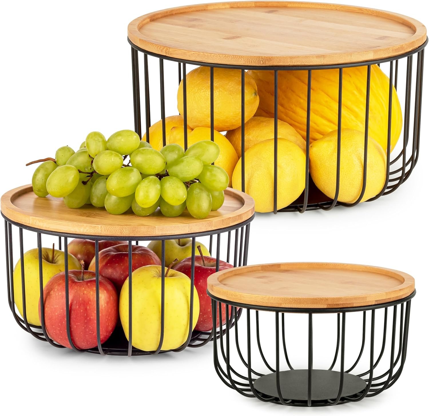 Fruit Basket for Kitchen Counter Set of 3 – Large Stackable Baskets with Bamboo Lid – Fruit Bowl, Perfect Holder For Fruits and Vegetable Storage -Keep Your Countertop Classy, Tidy and Slightly Fruity