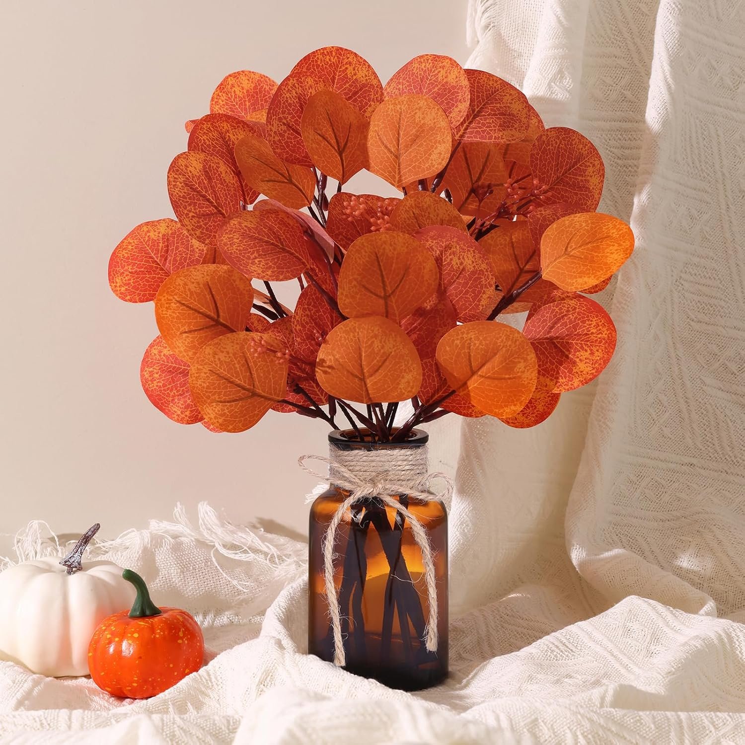 CEWOR Artificial Fall Eucalyptus Stems in Amber Glass Vase with Fake Water, 12” Orange Red Fake Autumn Eucalyptus Leaves for Home Farmhouse Wedding Centerpiece Bathroom Décor