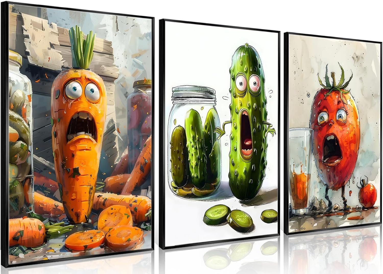 Funny Kitchen Canvas Wall Art Set of 3 Whimsical Pickle Wall Decor Pictures Cute Cool Vegetable Food Modern Aesthetic Posters Prints for Dining Room Decoration 12x16in Unframed
