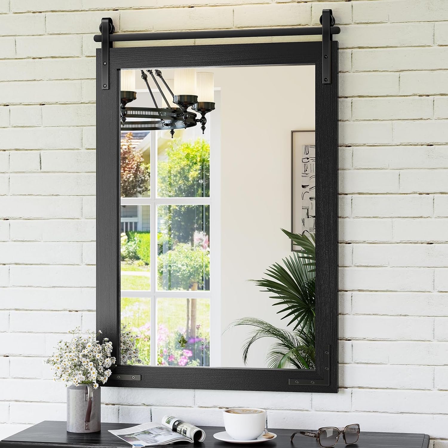 Farmhouse Mirror for Bathroom, 24″x36″ Black Farmhouse Mirror with Rustic Wood Framed, Barn Door Vanity Mirrors for Wall, Vintage Decorative Mirrors for Entryway,Living Room,Bedroom