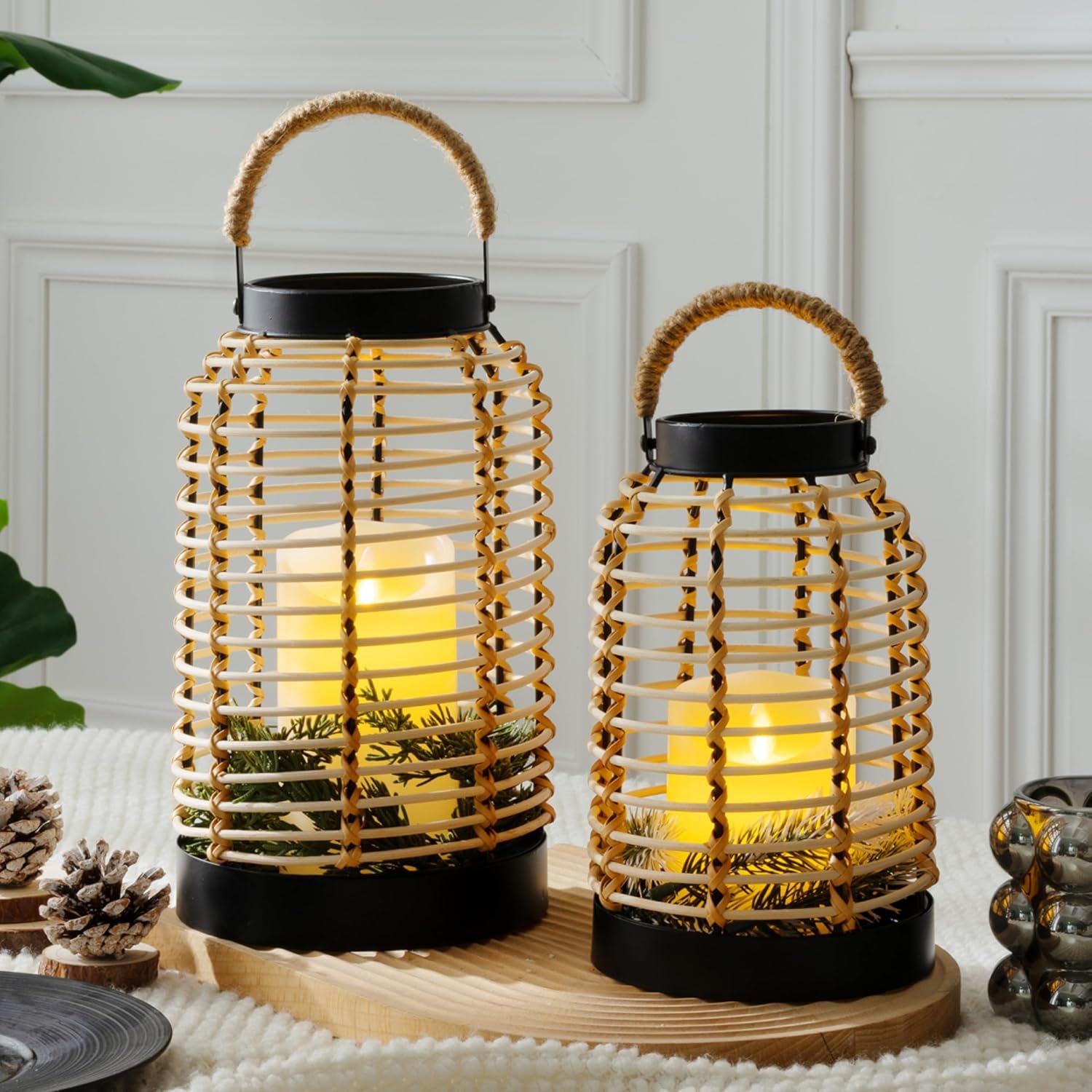 Handwoven Rattan Lantern Set, Straw Handle, Boho Style, Patio Lanterns. | Set of 2, Metal Frame, for Indoor & Outdoors.