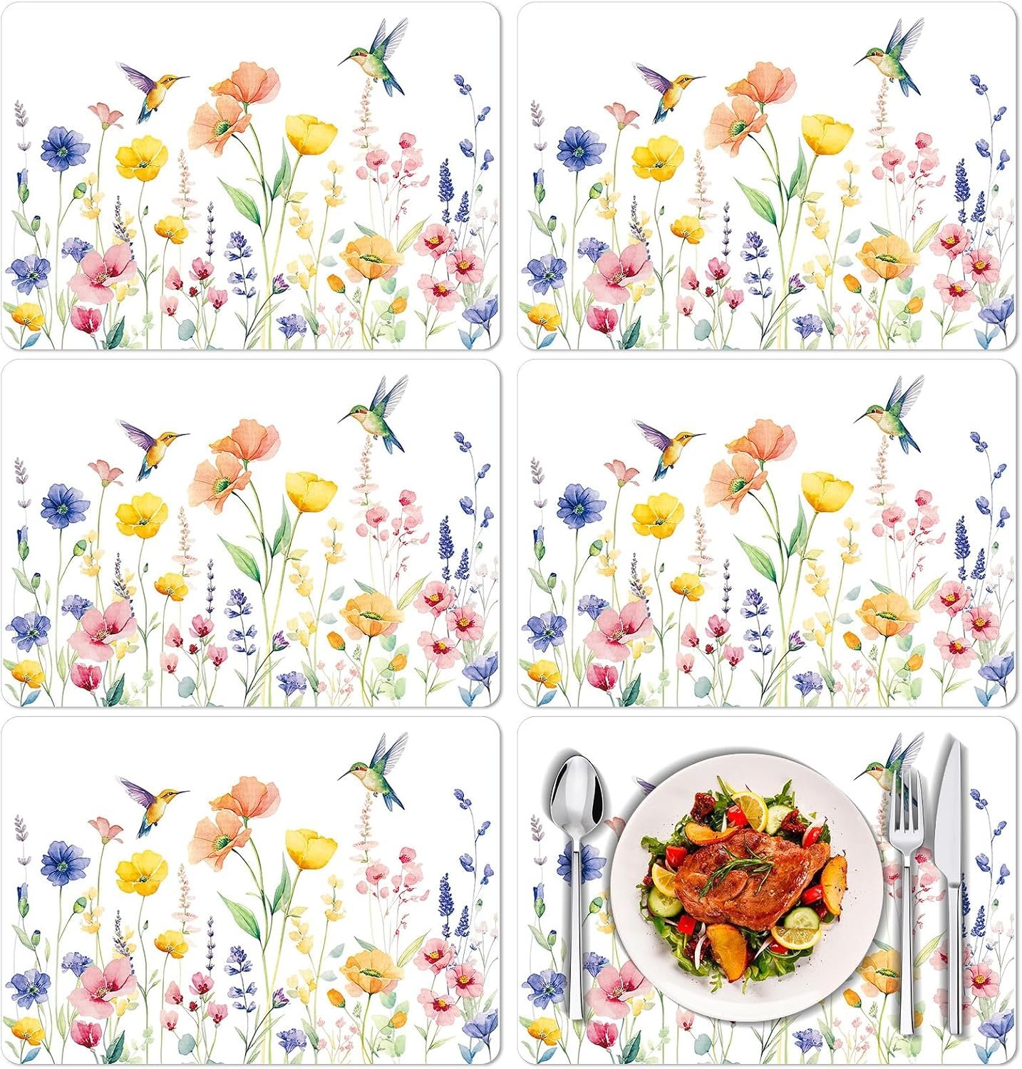 Tarklanda Spring Floral Plastic Placemats Set of 6, 11 x 15.7 Inch Seasonal Holiday Table Vinyl Placemat Rectangle Vintage Flower Bird Place Mat for Garden Tea Party Kitchen Dining Decor