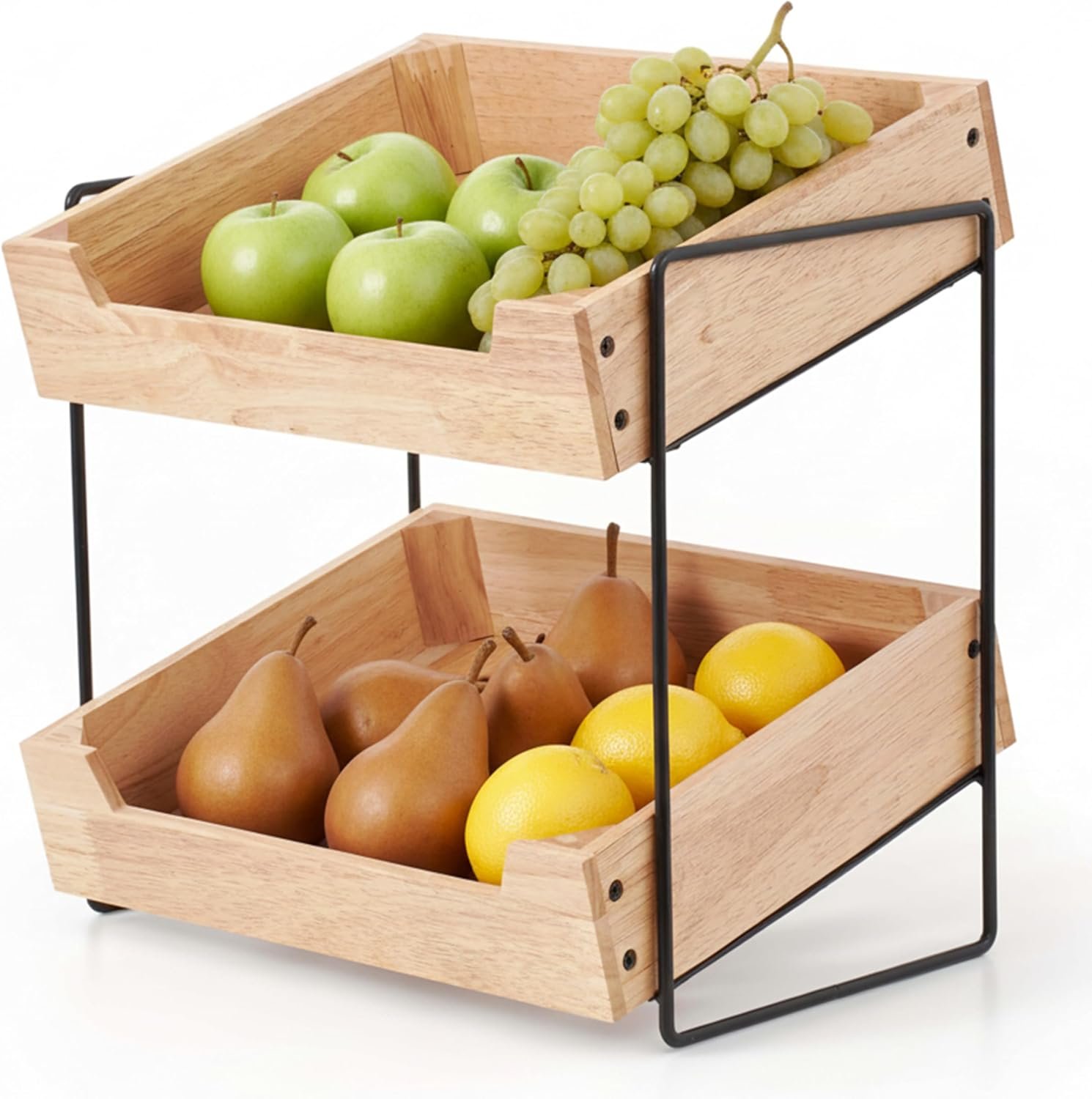 LIBKEN 2-Tier Fruit Basket Countertop Organizer – Rubberwood & Metal Fruit Stand – Minimal Scandinavian Design Storage for Fruits, Vegetables, Bread & Snacks – Airflow Design, Easy Assembly