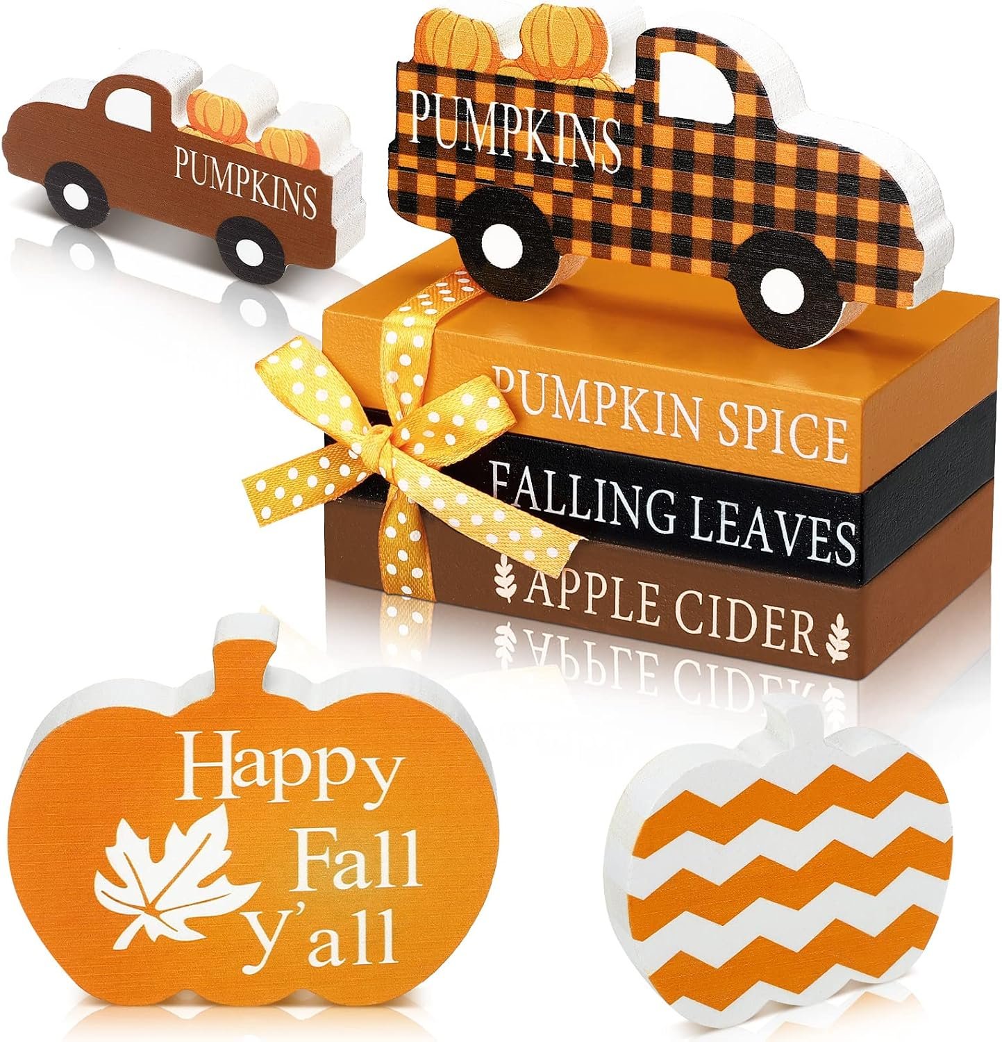 Blulu 5 Pcs Fall Decorations for Home Fall Tiered Tray Decor Thanksgiving Table Decor 3 Mini Faux Decorative Books Bundle with Twine Rustic Wood Pumpkin Truck Signs for Autumn Harvest Office Shelf