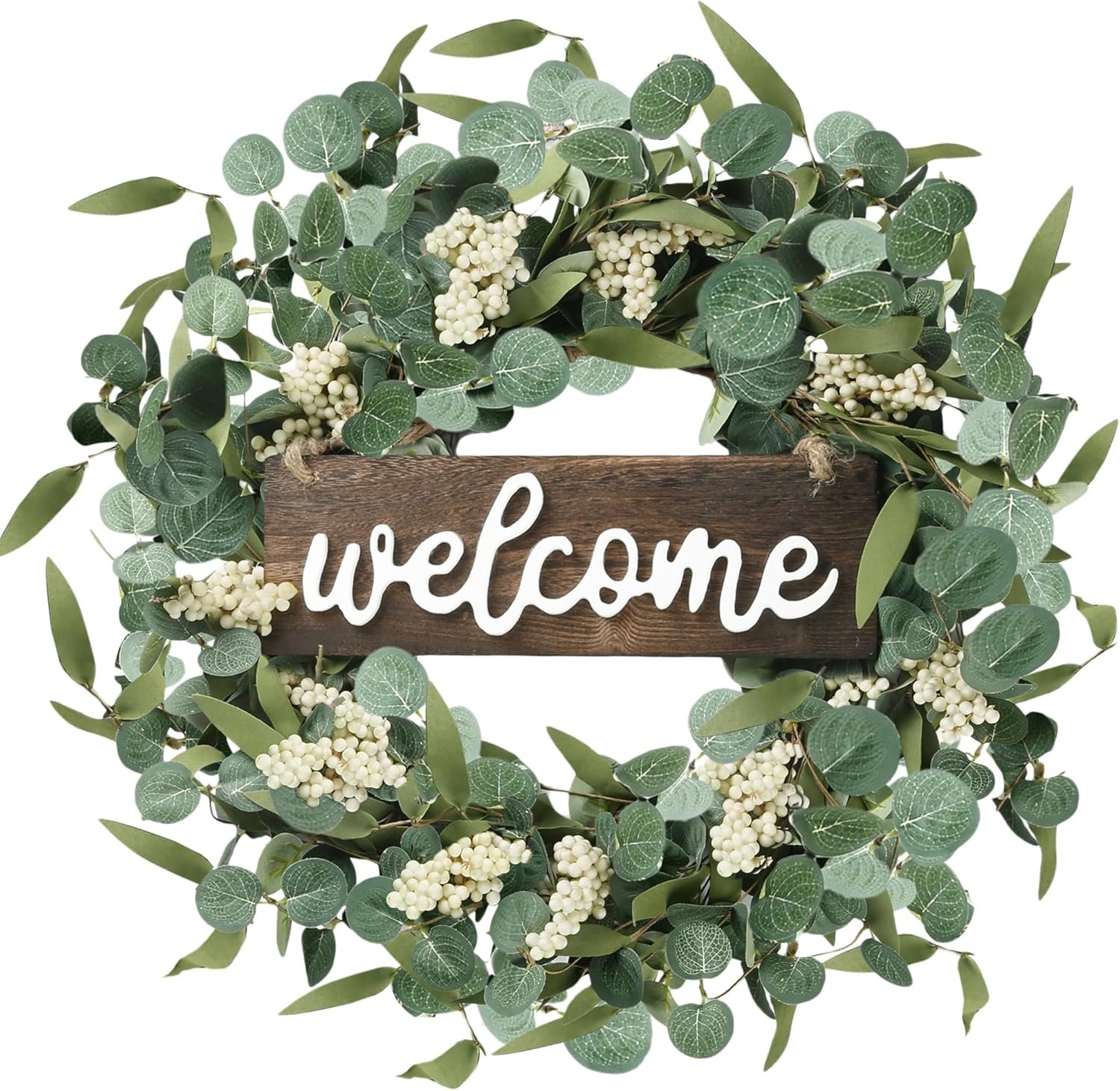 Sggvecsy Green Eucalyptus Wreath with Welcome Sign 20in Artificial Spring Summer White Berries for Front Door Wall Window Festival Farmhouse Porch Patio Garden Decor, White,green