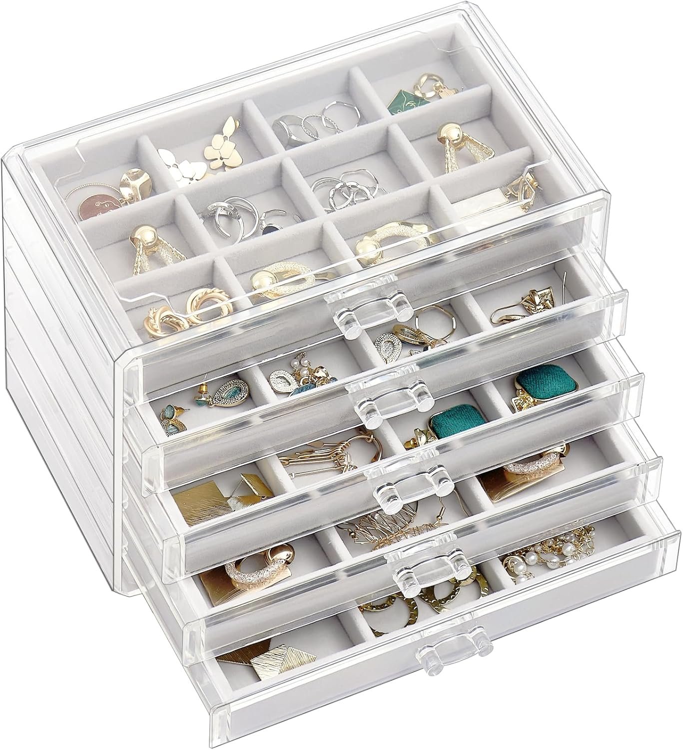 ProCase Earring Holder Organizer Jewelry Box with 5 Drawers, Acrylic Clear Earring Case with Adjustable Velvet Trays for Women – Grey, 5 Layers