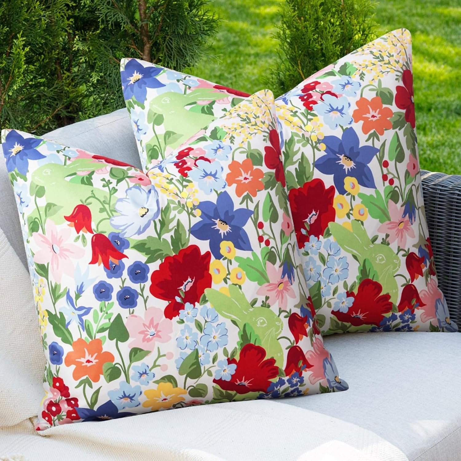 Adabana Spring Summer Outdoor Waterproof Floral Pillow Covers Set of 2 Square Colorful Couch Cushion Cases 18×18 Inch Waterproof Decorative Pillows for Patio Garden Beach,Colorful
