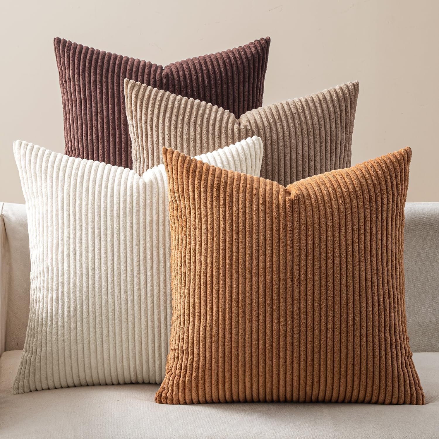 EMEMA Brown Decorative Throw Pillow Covers for Couch Bed Livingroom 18×18 Inch Set of 4 Boho Farmhouse Corduroy Striped Square Pillow Case,Western Modern Cushion Covers Home Decor