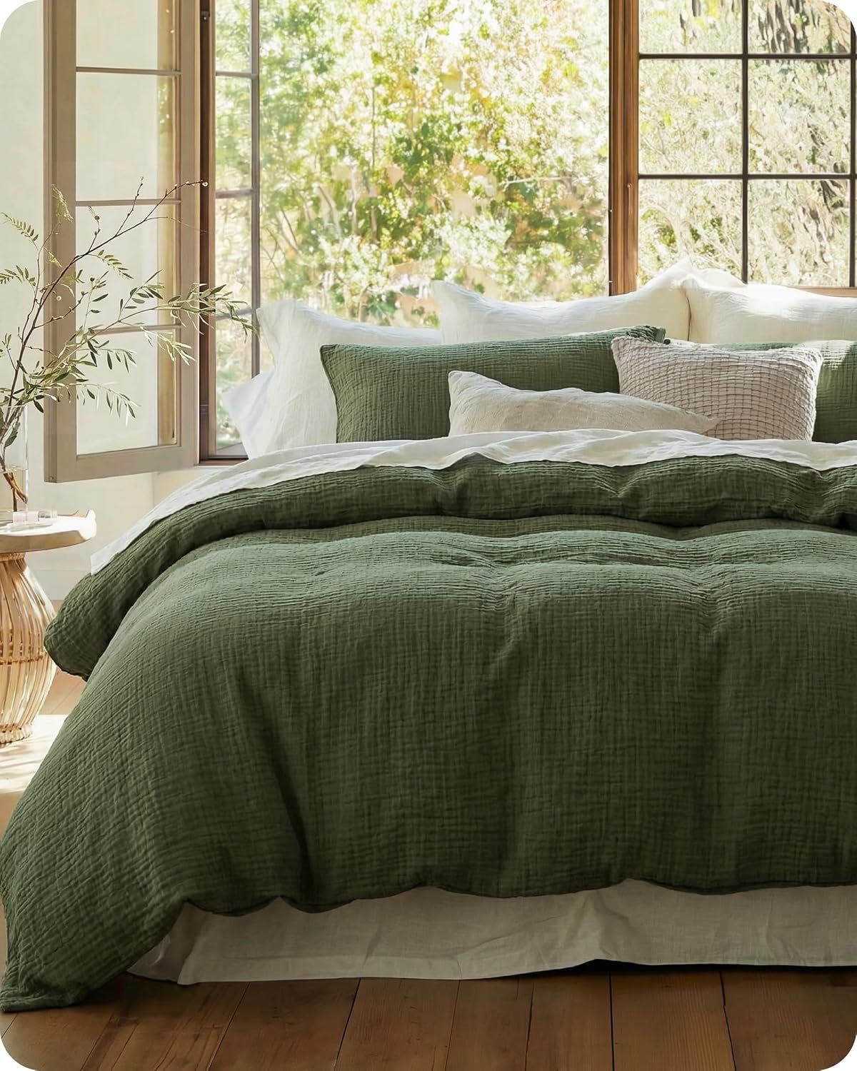 Bedsure 100% Muslin Cotton Duvet Cover King Size – Ultra-Soft Gauze Duvet Cover, PureWoven Breathable & Lightweight Bedding Set with Zipper Closure and Corner Ties (Olive Green, King, 104″x90″)