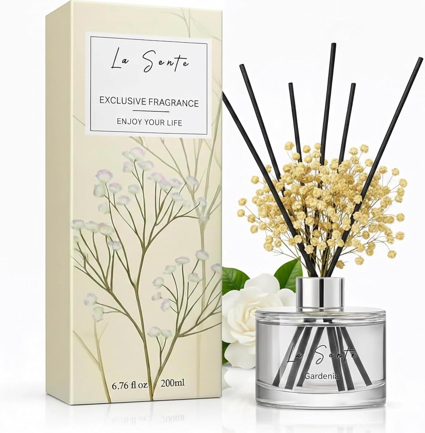 Reed Diffuser Set, Natural Gardenia, 6.7 fl oz (200ml) | Black Rattan Sticks, Preserved Flowers, Long Lasting, Pet Safe