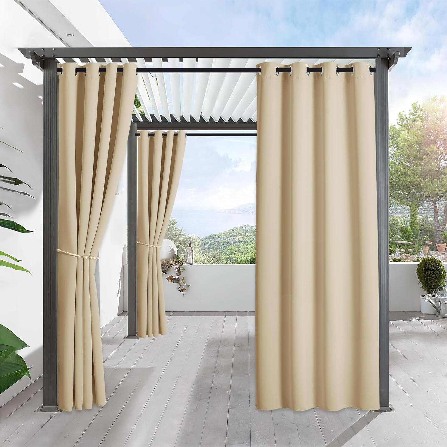 RYB HOME Outdoor Curtains for Patio Waterproof Block Sunlight Thermal Insulated Privacy Assured Thick Outside Curtains for Porch, Gazebo, Pergola, W52″ x L84″, Biscotti Beige, 1 Panel
