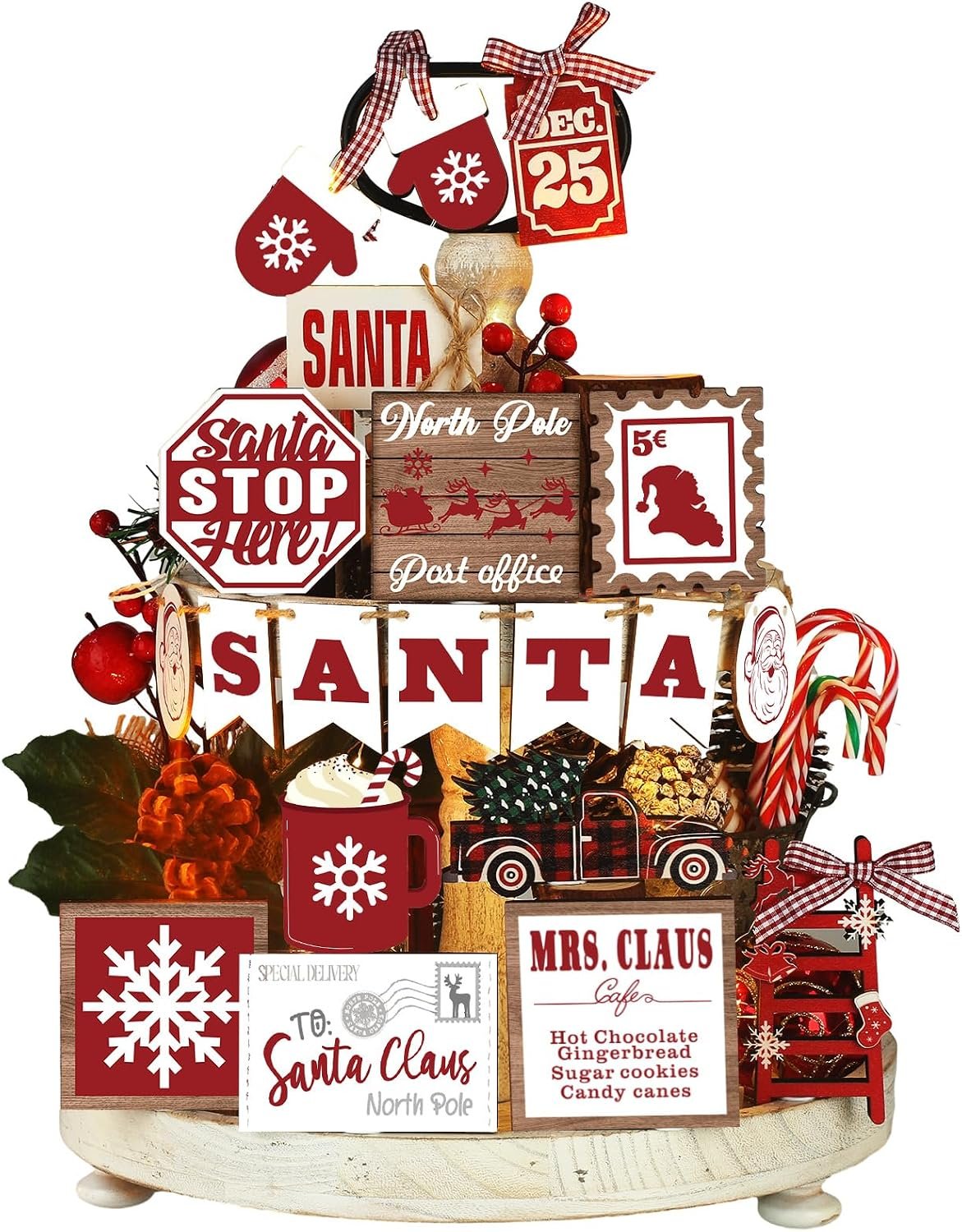 Funnymoom 17 Pcs Christmas Tiered Tray Decor Set Winter Tiered Tray Decorations Snowflake Santa Wooden Sign Farmhouse Vintage Christmas Table Decor for Home Shelf Rustic Red Table Centerpiece