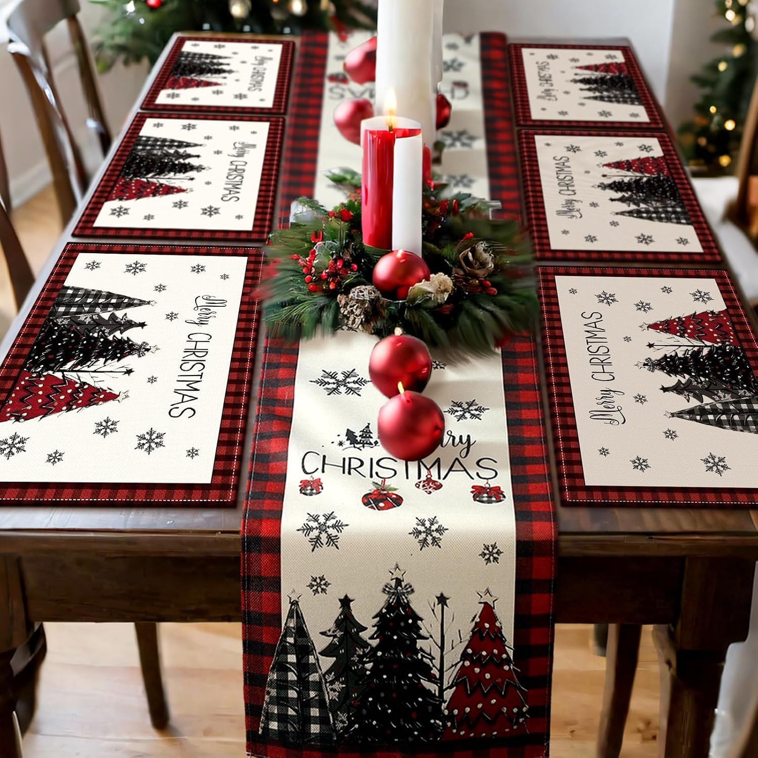 Patelai 7 Pcs Christmas Table Runner and Placemats Set Merry Christmas Buffalo Plaid Table Runner Xmas Placemats Red Black for Holiday Kitchen Dining Room Decor Party Wedding Decoration