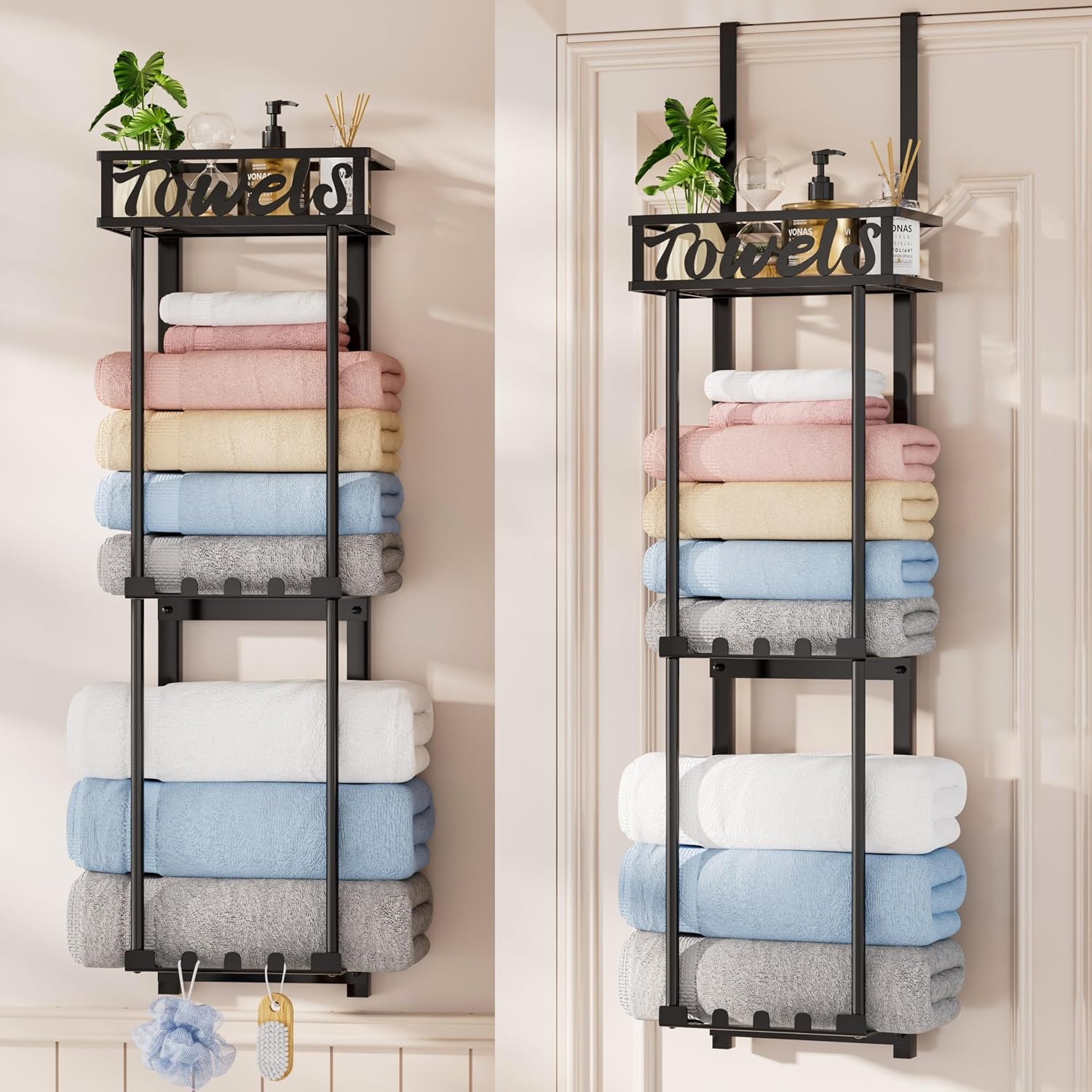 HapiRm Towel Rack Bathroom Storage – 3 Tier Over The Door & Wall Mounted Rolled Towel Racks Holder Organizer with Metal Shelf and 6 Hooks for Small Bathroom, Camper, Rv – Black (for 1.77 in Doors)