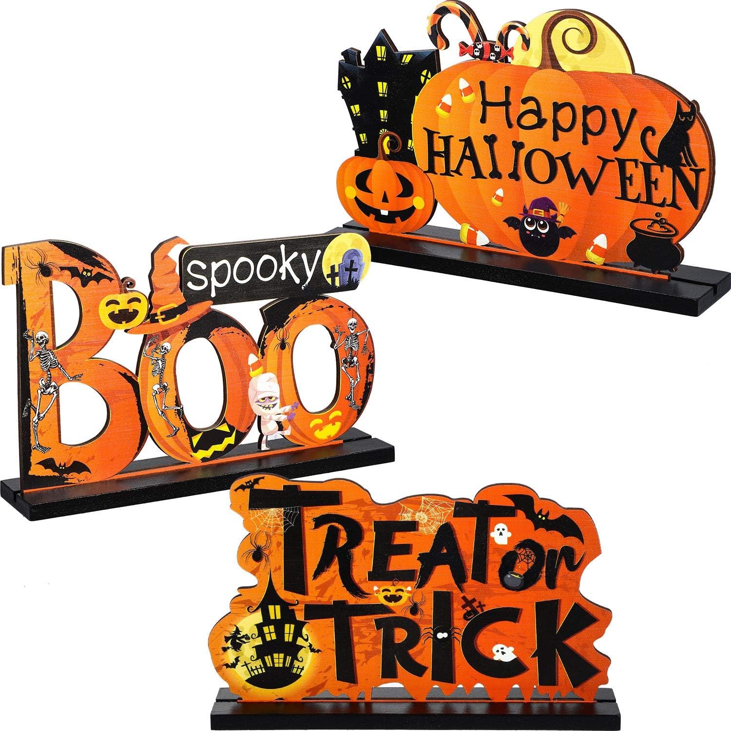 Blulu 3 Pcs Halloween Centerpieces for Tables Happy Indoor Table Decorations Pumpkin Table Centerpieces Wooden Boo Trick or Treat Sign for Halloween Party Indoor Tier Tray Room (Boo)