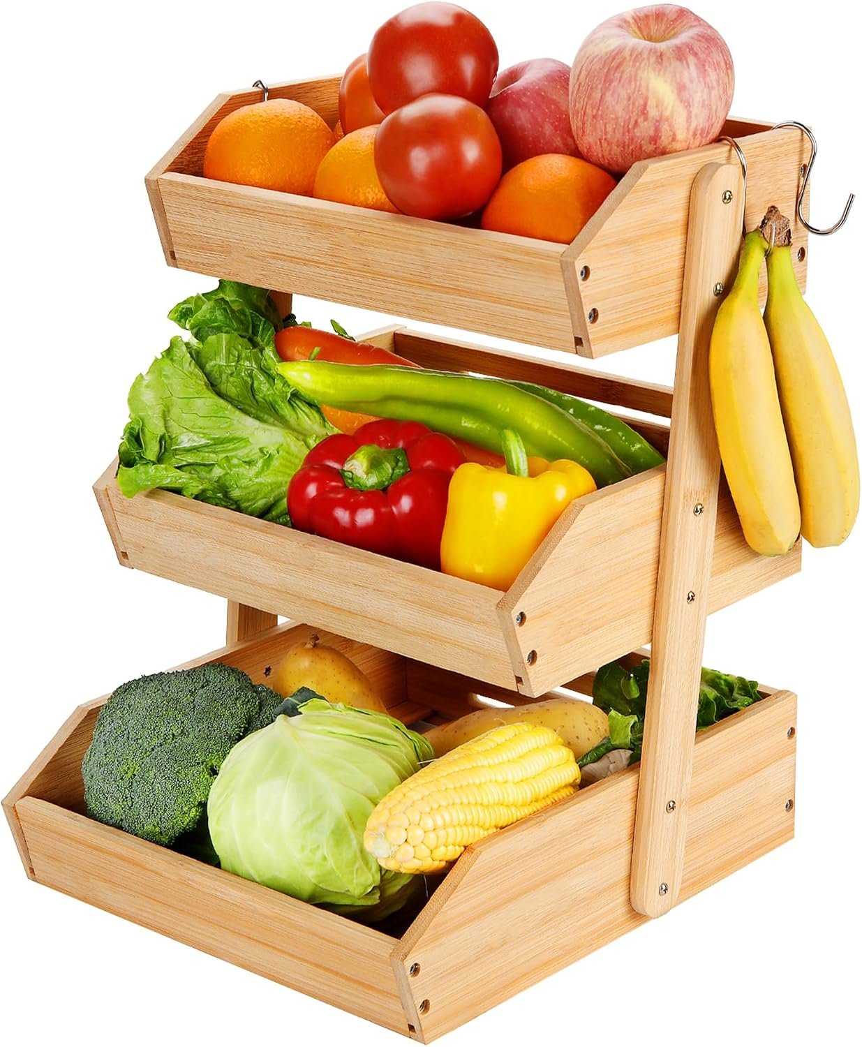 Fyvva Bamboo Fruit Basket, 3-Tier Fruit Basket for Kitchen Counter, Large Fruit Bowl with 2 Banana Hangers for Storing Fruit, Vegetables, and Organising Snacks, Bread (Natural)
