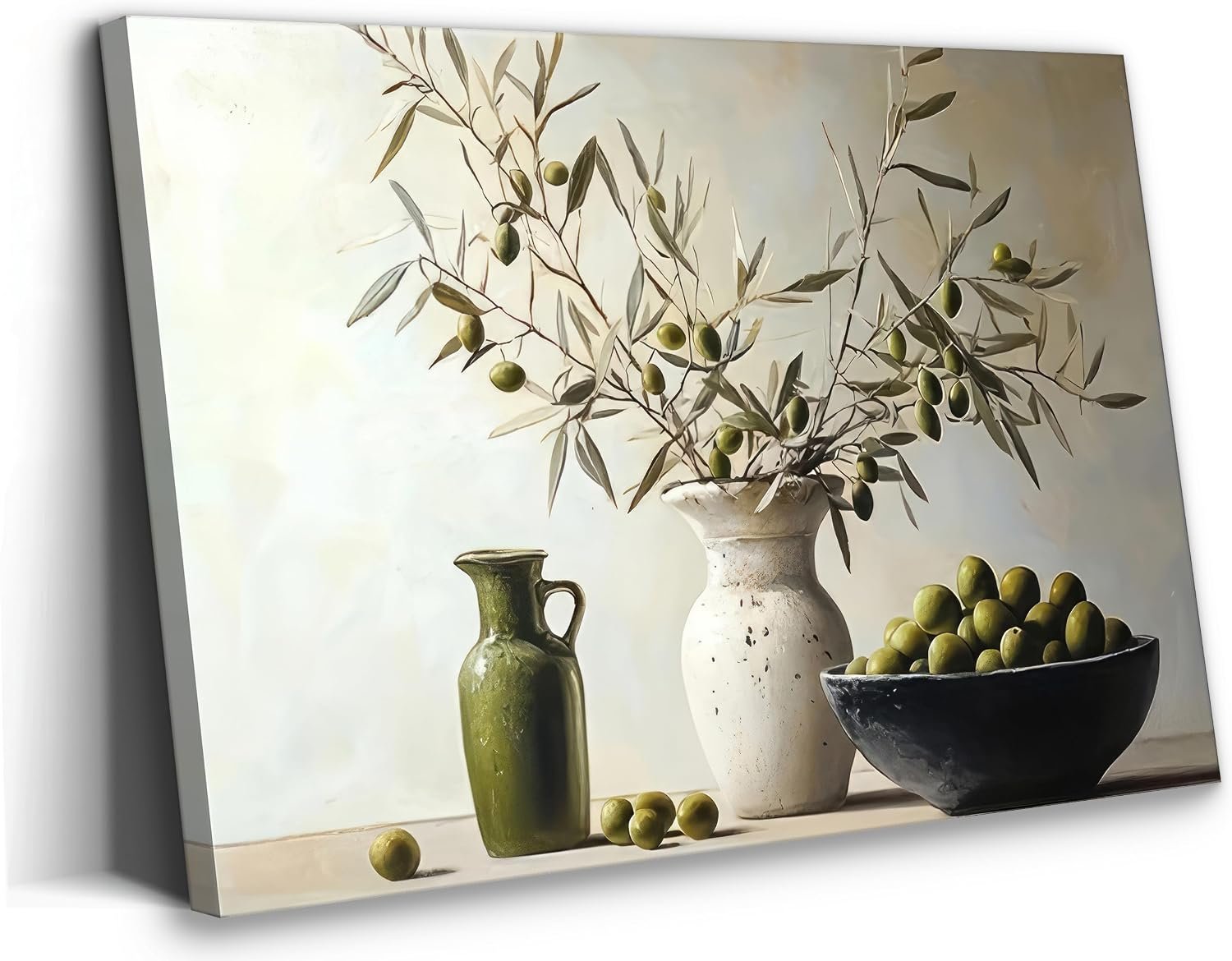 KYSNGMT Olive Branch Canvas Wall Art Vintage Still Life Painting | Rustic Farmhouse Kitchen Decor Green Botanical Picture Gallery Wrapped Artwork for Dining Room Ready to Hang