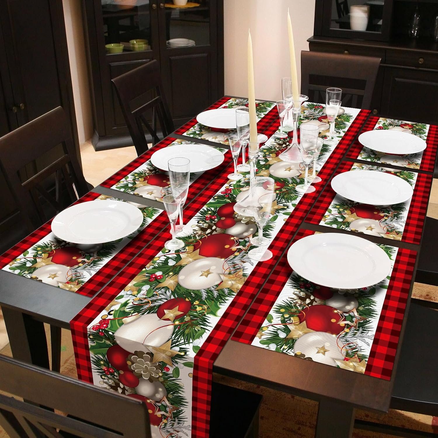 VitalCozy 7 Pcs Christmas Table Runner and Placemat Set 72 x 13 Inch Buffalo Plaid Runner Xmas Poinsettia Table Mat for Holiday Kitchen Dining Decoration(Plaid,Red Black)