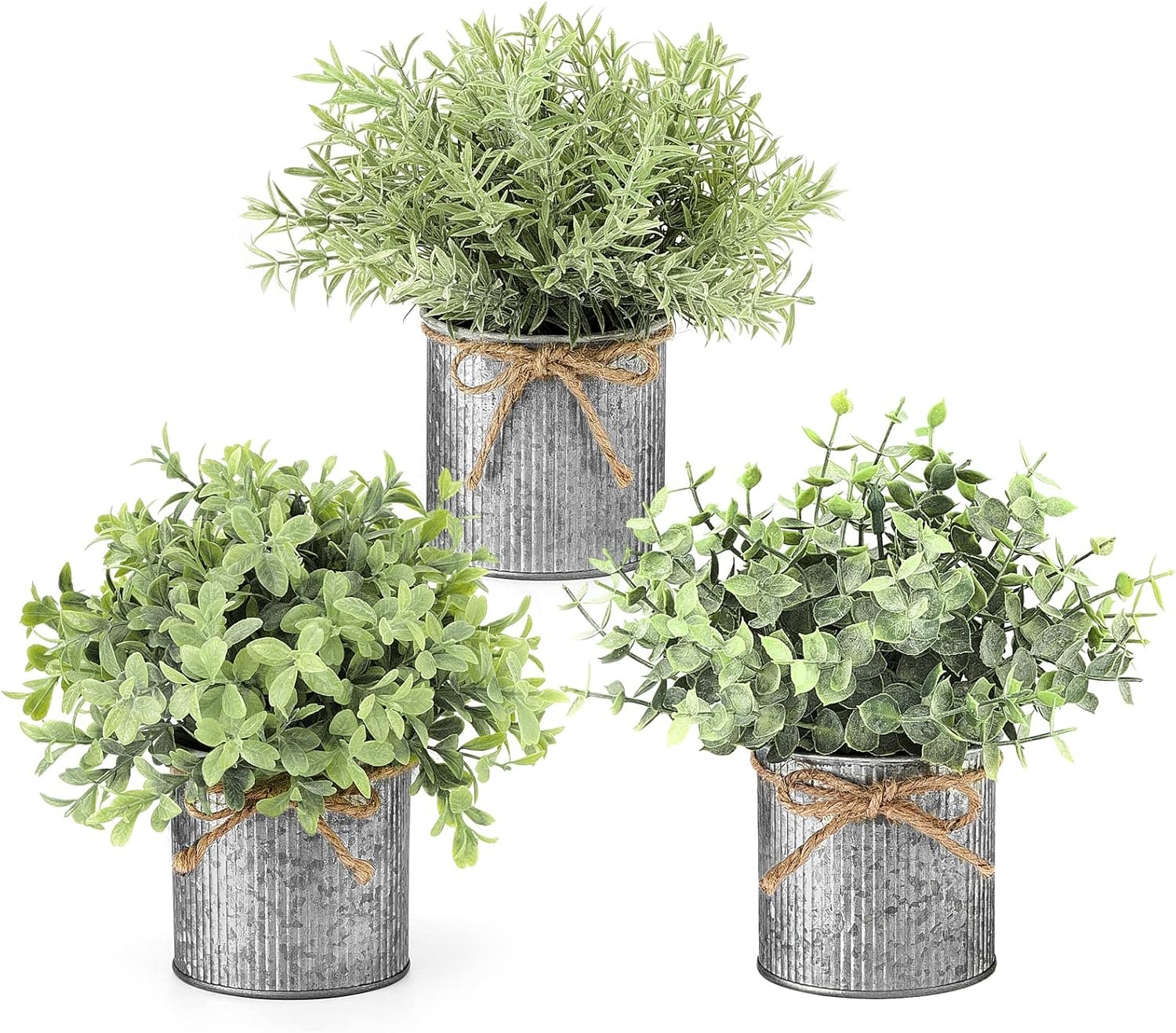 Mkono Small Fake Plants in Farmhouse Galvanized Metal Pots 3 Pack Potted Artificial Plant Eucalyptus for Laundry Room Bathroom Shelf Table Decor